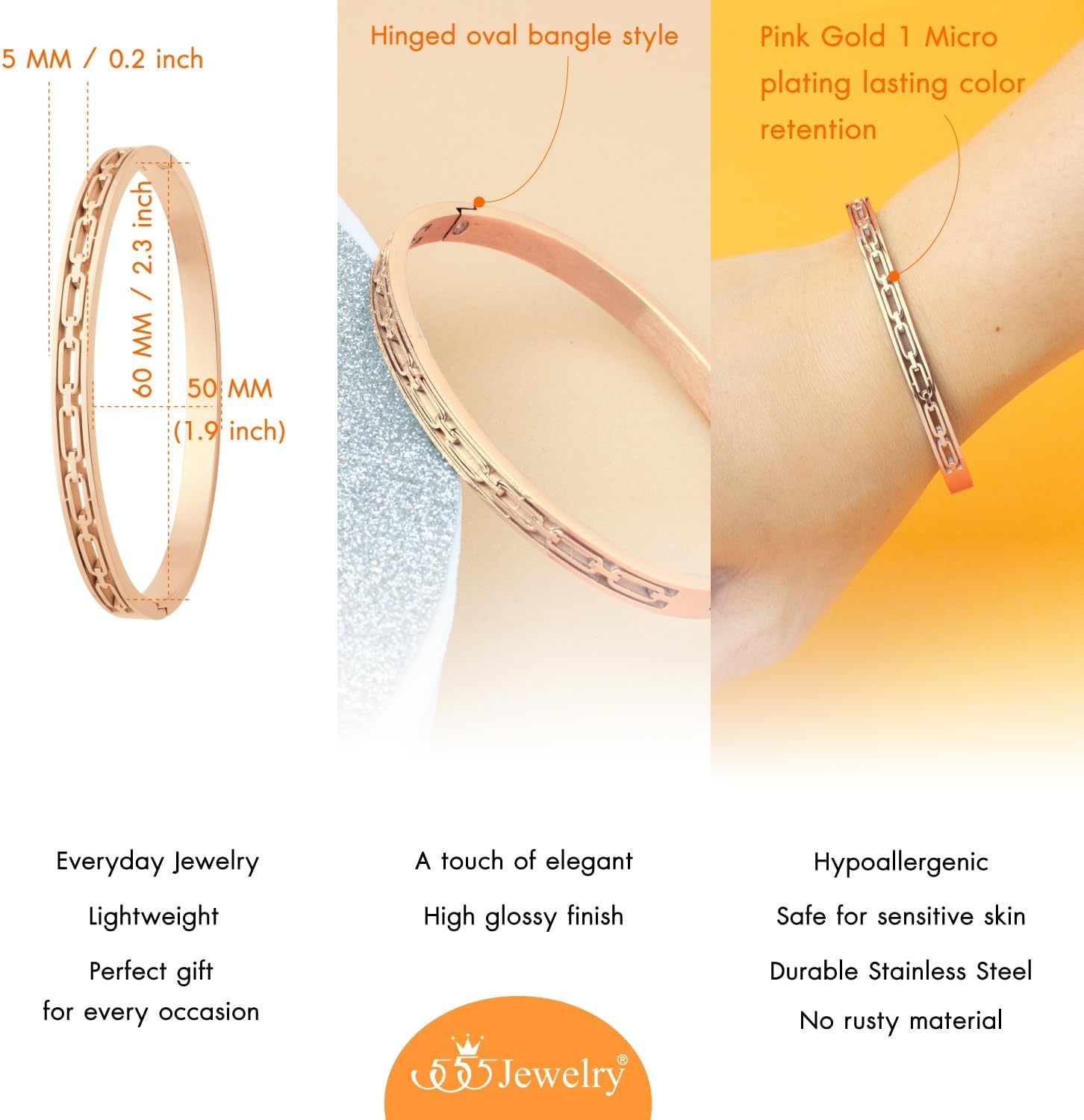 image:image555Jewelry Stainless Steel Hinged Chain Pattern Bangle Bracelet for Women amp MenRose Gold
