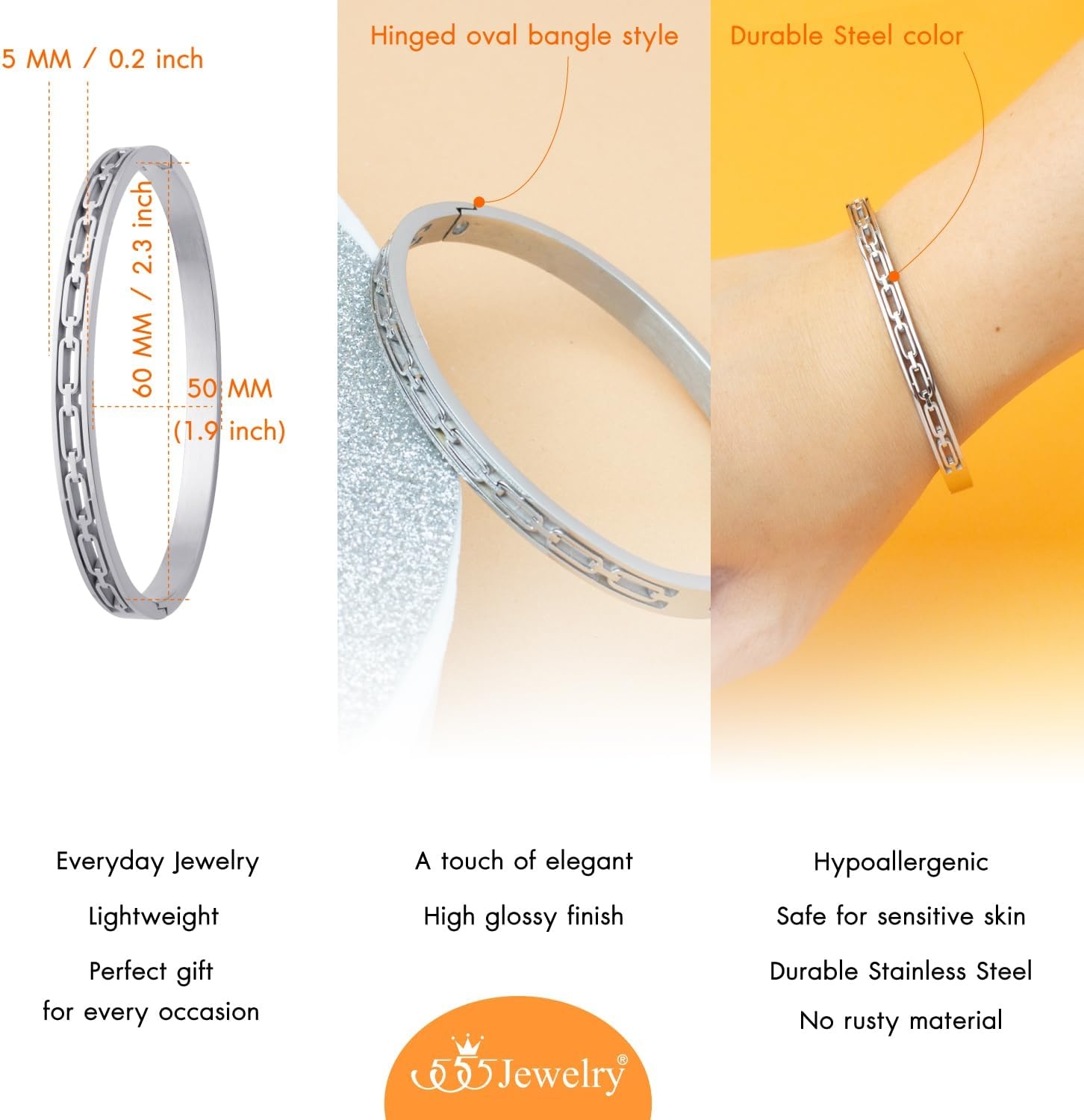 image:image555Jewelry Stainless Steel Hinged Chain Pattern Bangle Bracelet for Women amp MenSilver
