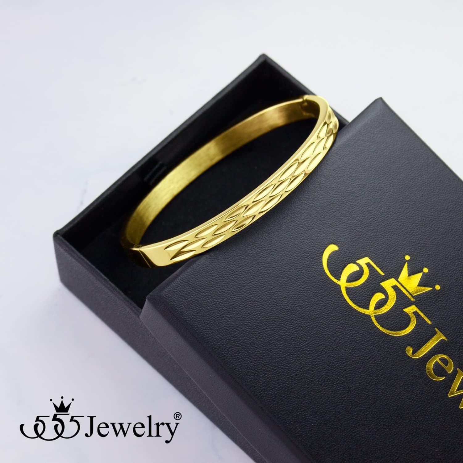 image:image555Jewelry Stainless Steel Hinged Shimmer Cut Cuff Bangle Bracelet for Women amp MenGold