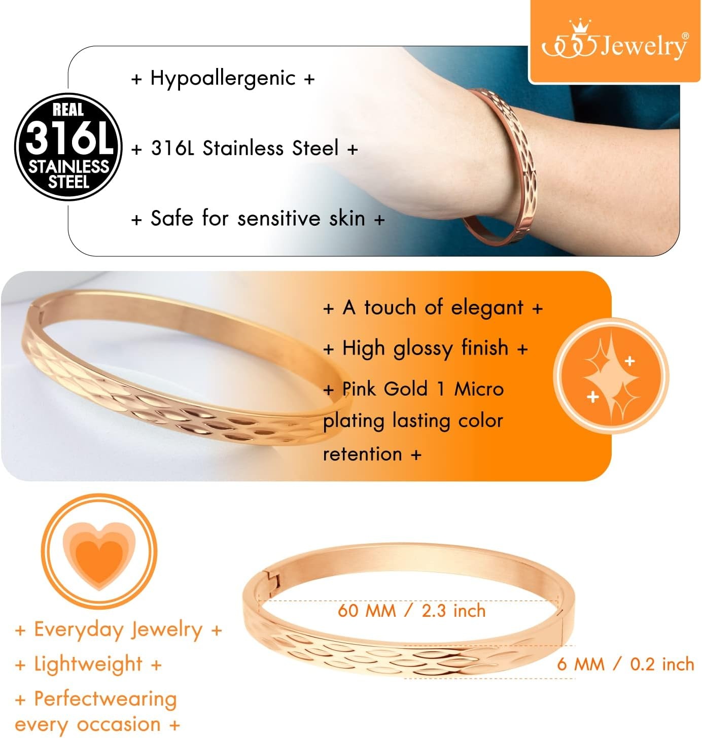 image:image555Jewelry Stainless Steel Hinged Shimmer Cut Cuff Bangle Bracelet for Women amp MenRose Gold