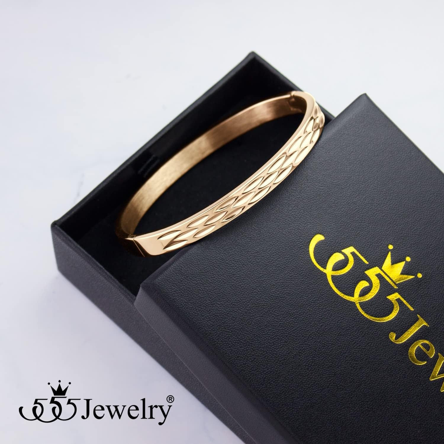 image:image555Jewelry Stainless Steel Hinged Shimmer Cut Cuff Bangle Bracelet for Women amp MenRose Gold