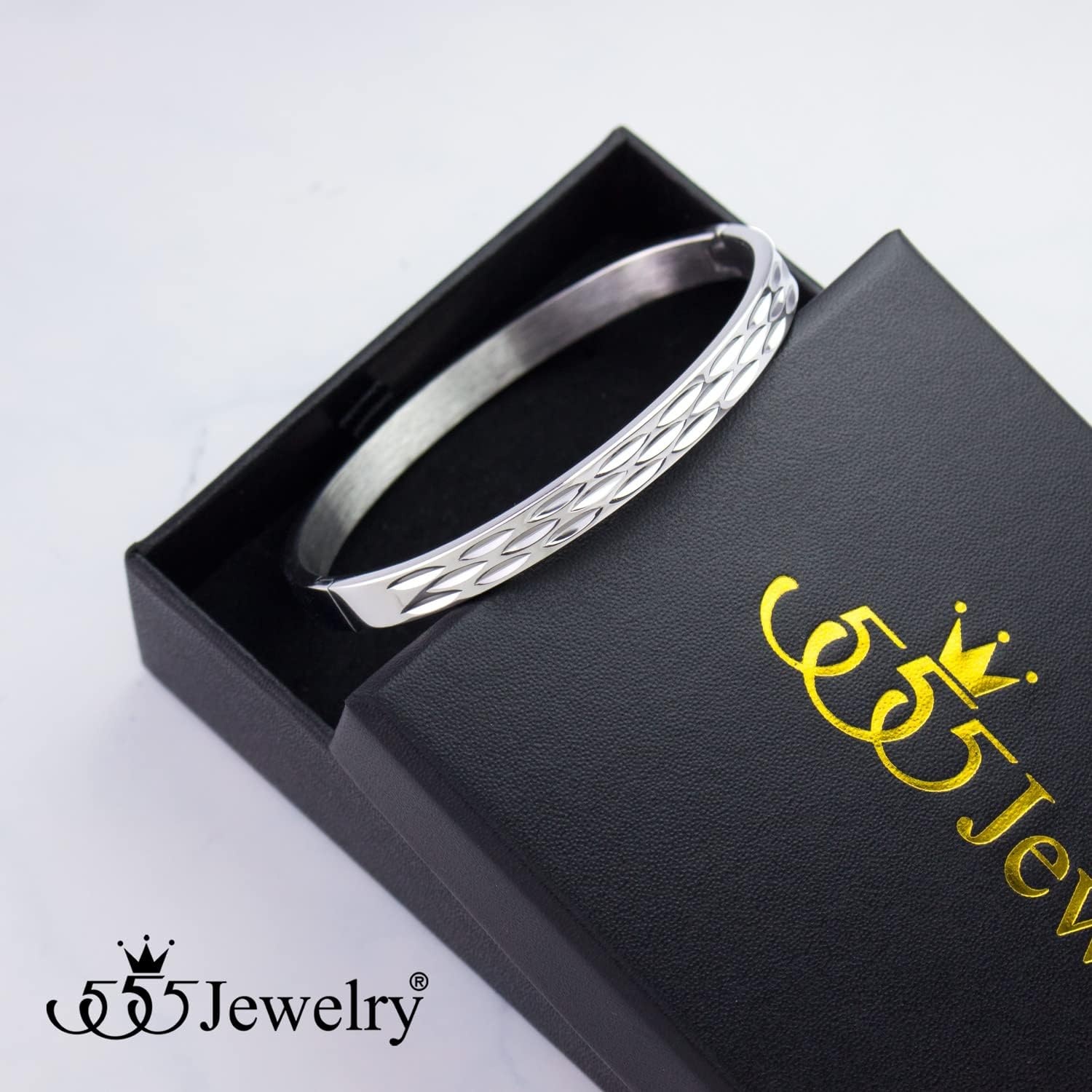 image:image555Jewelry Stainless Steel Hinged Shimmer Cut Cuff Bangle Bracelet for Women amp MenSilver