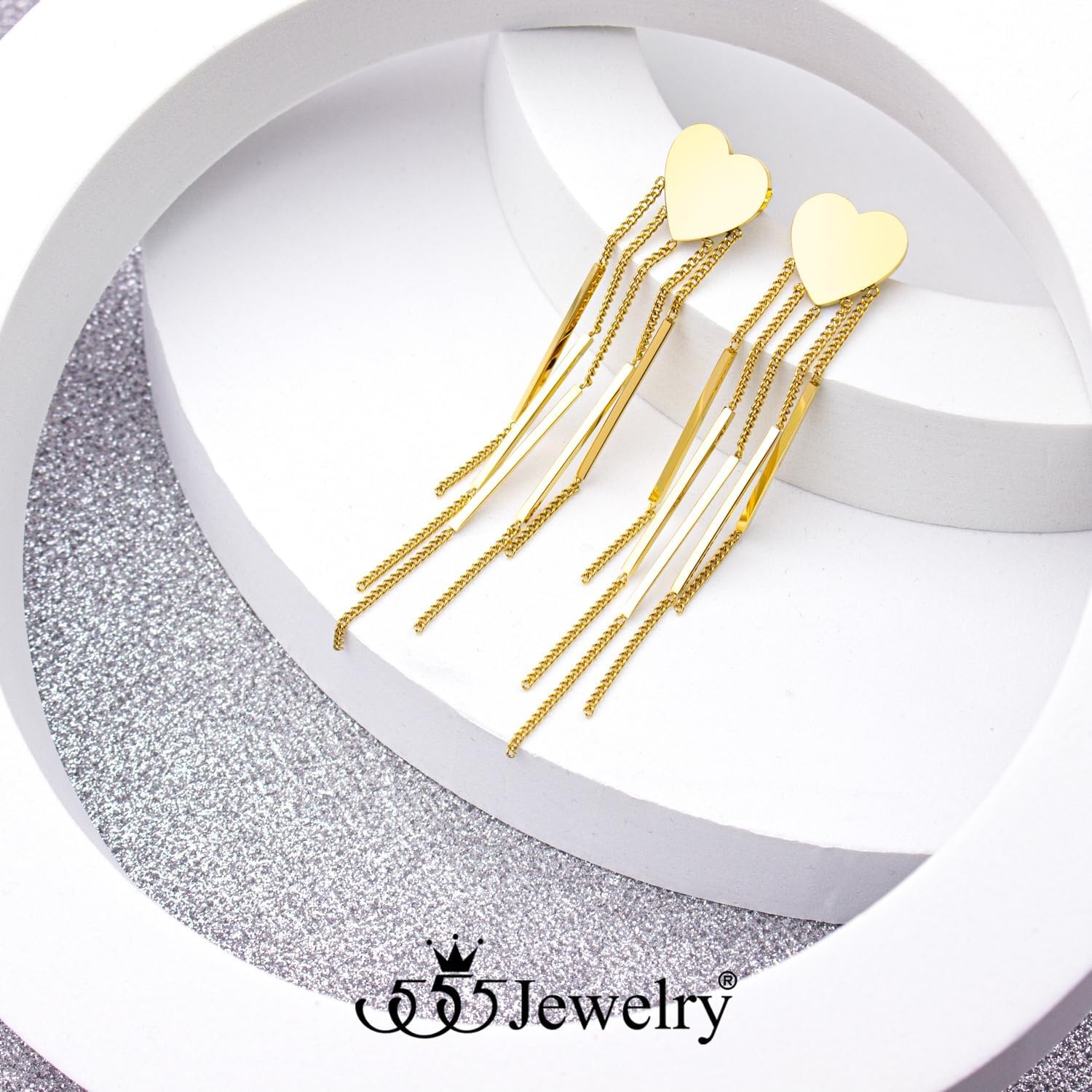 image:image555Jewelry Stainless Steel Long Drop Dangle Bar Tassel Heart Earrings for WomenGold
