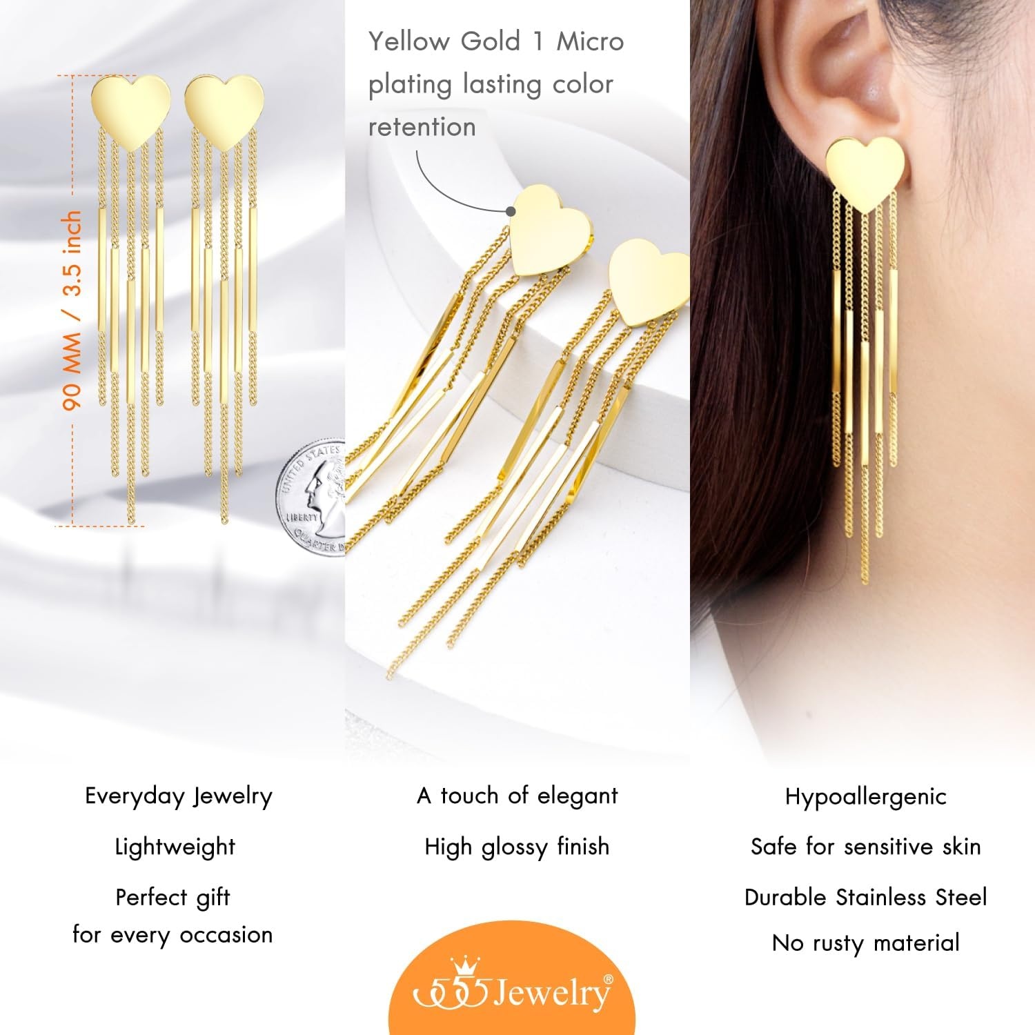 image:image555Jewelry Stainless Steel Long Drop Dangle Bar Tassel Heart Earrings for WomenGold
