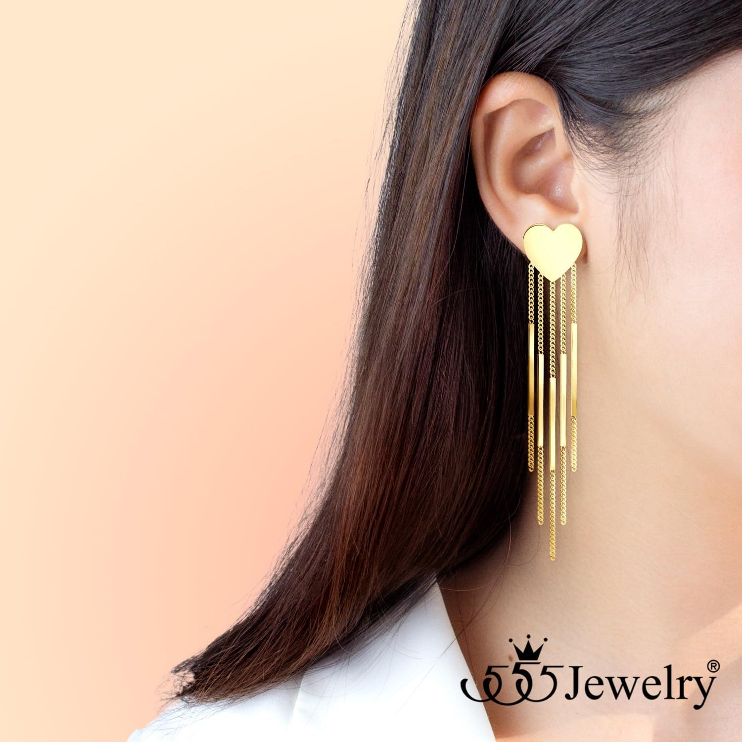 image:image555Jewelry Stainless Steel Long Drop Dangle Bar Tassel Heart Earrings for WomenGold