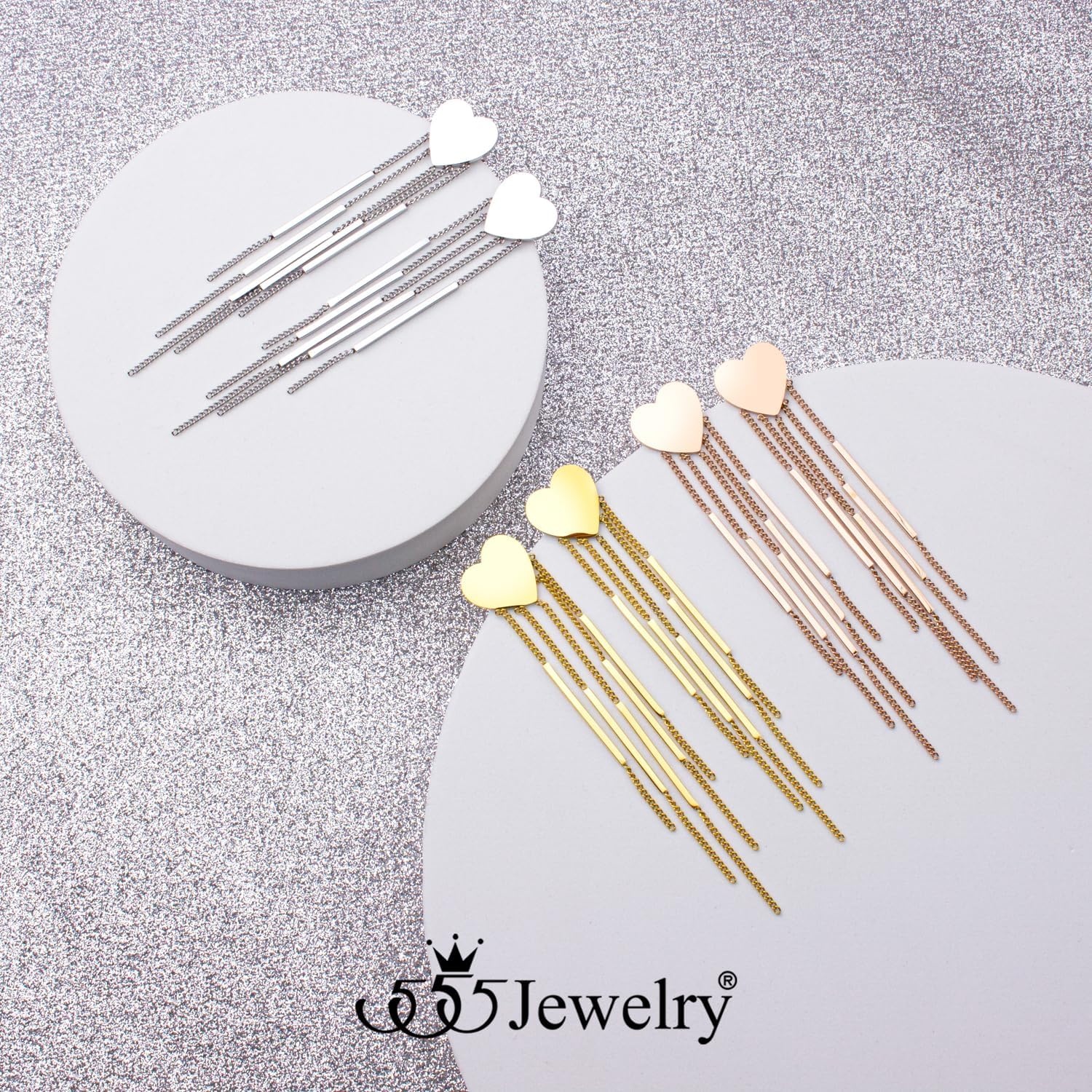 image:image555Jewelry Stainless Steel Long Drop Dangle Bar Tassel Heart Earrings for WomenGold
