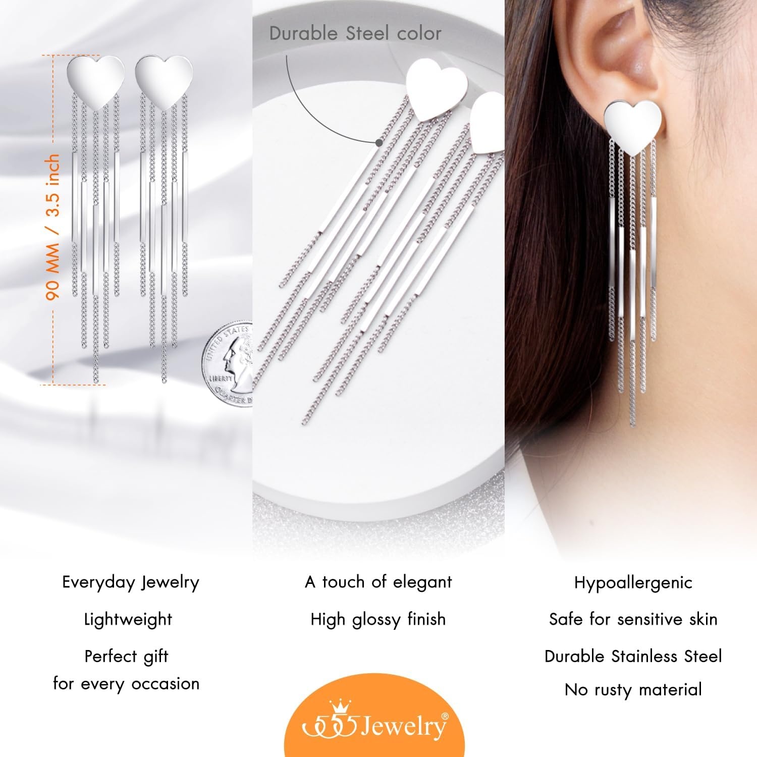 image:image555Jewelry Stainless Steel Long Drop Dangle Bar Tassel Heart Earrings for WomenSilver