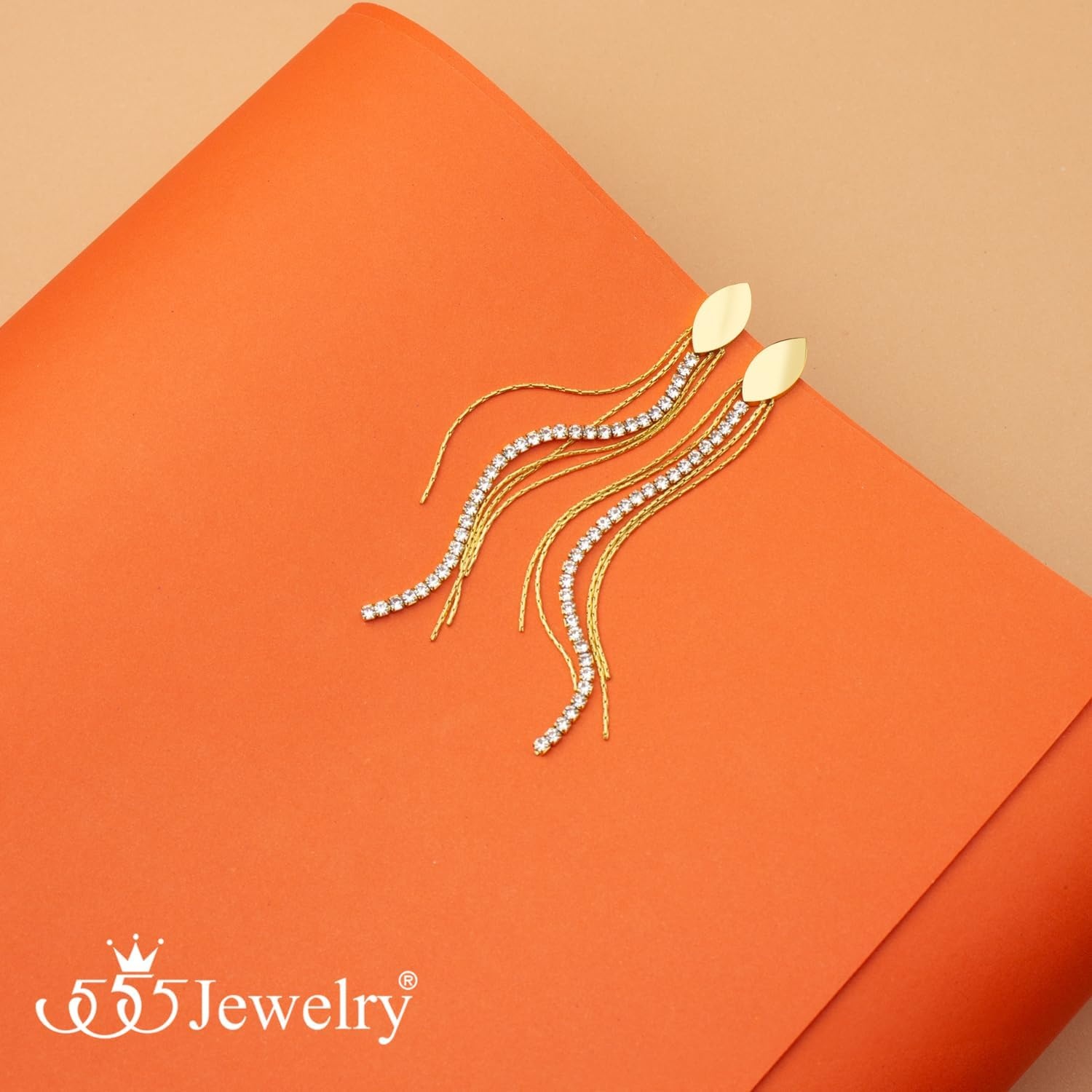 image:image555Jewelry Stainless Steel Long Drop Dangle CZ Tassel Oval Earrings for WomenGold