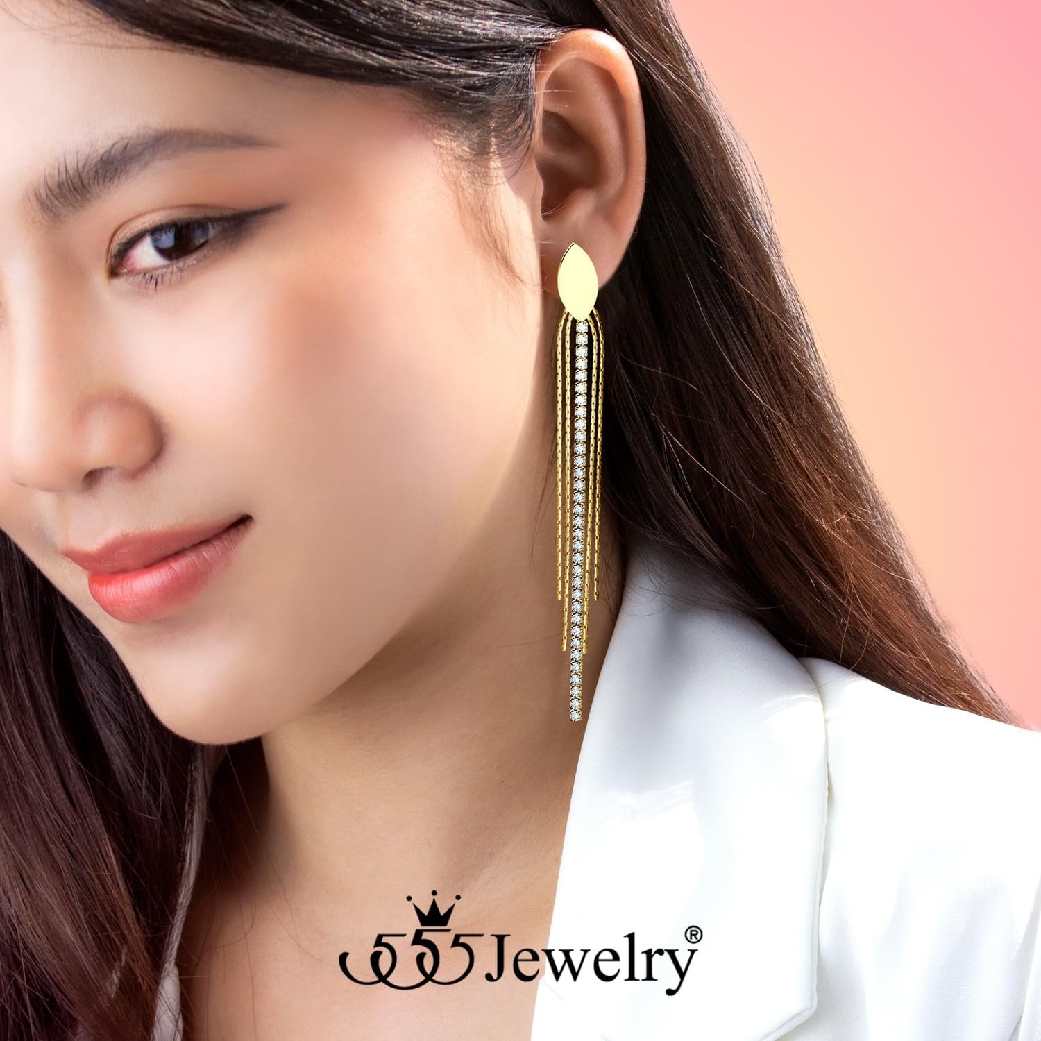 image:image555Jewelry Stainless Steel Long Drop Dangle CZ Tassel Oval Earrings for WomenGold