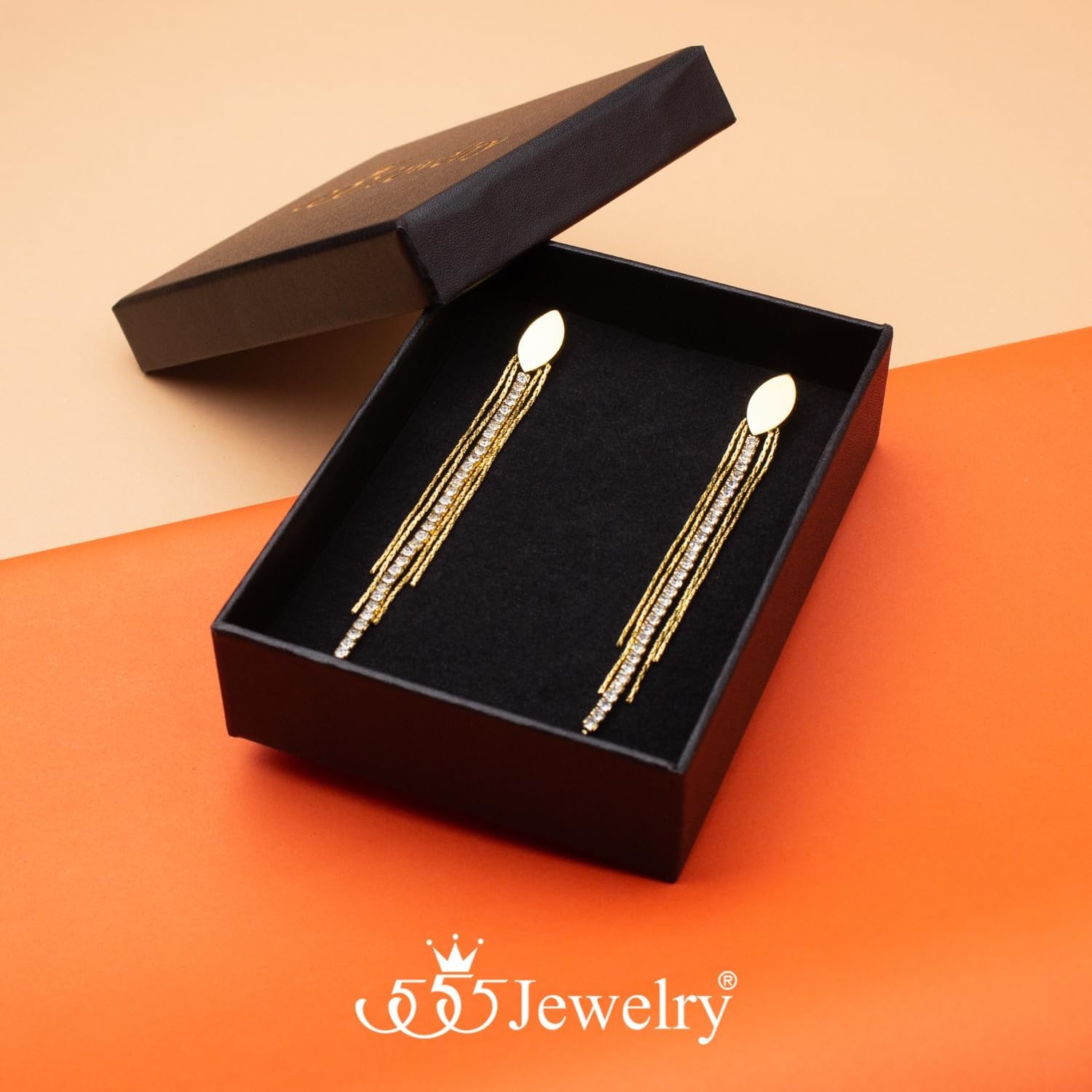 image:image555Jewelry Stainless Steel Long Drop Dangle CZ Tassel Oval Earrings for WomenGold