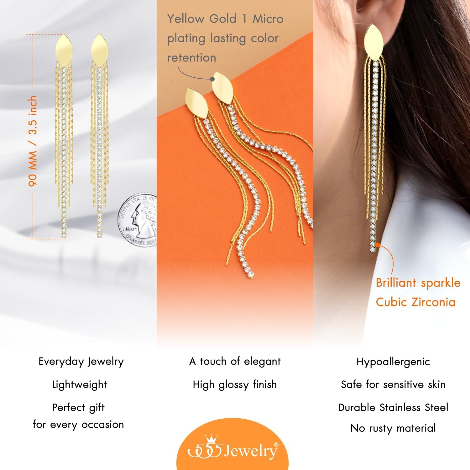 image:image555Jewelry Stainless Steel Long Drop Dangle CZ Tassel Oval Earrings for WomenGold