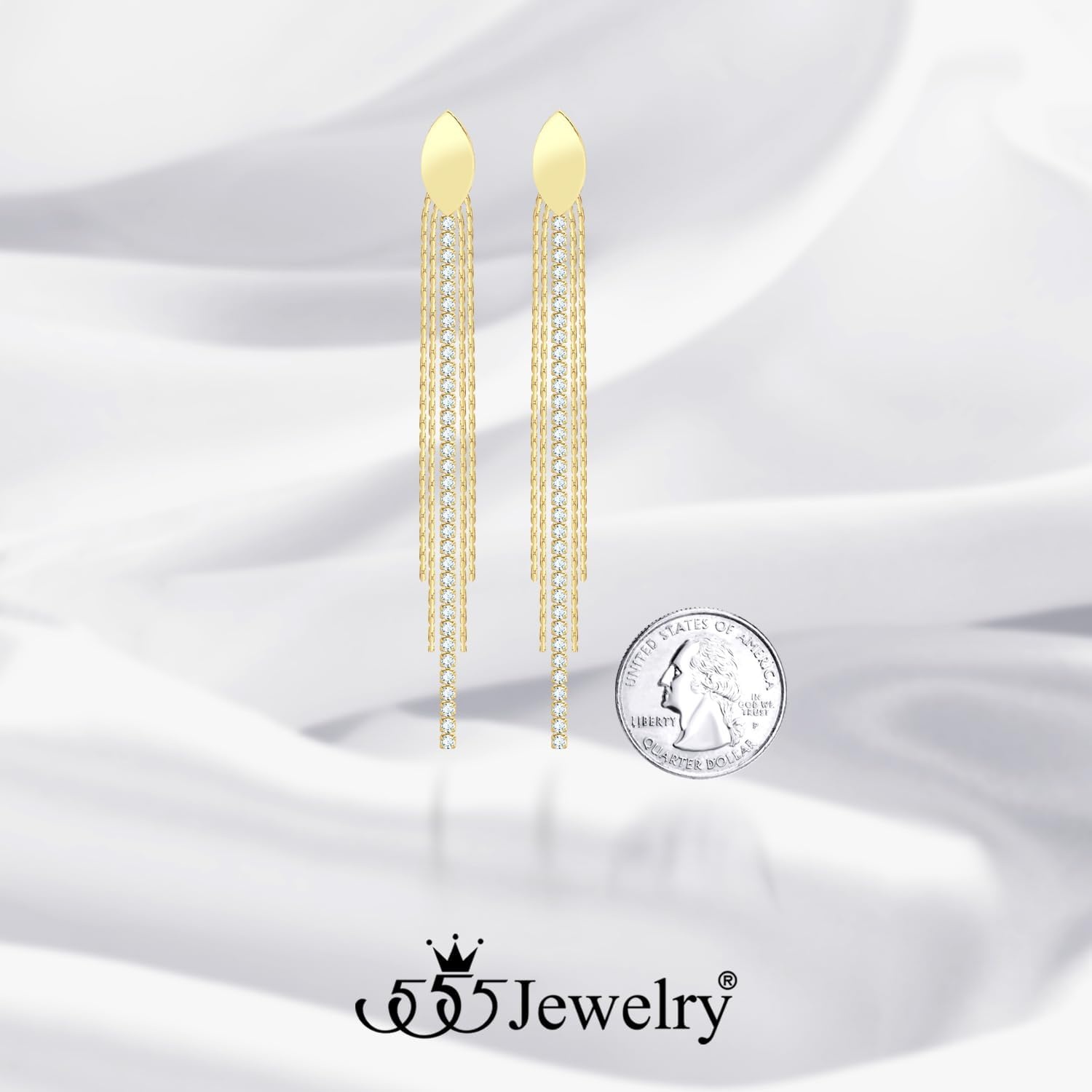 image:image555Jewelry Stainless Steel Long Drop Dangle CZ Tassel Oval Earrings for WomenGold