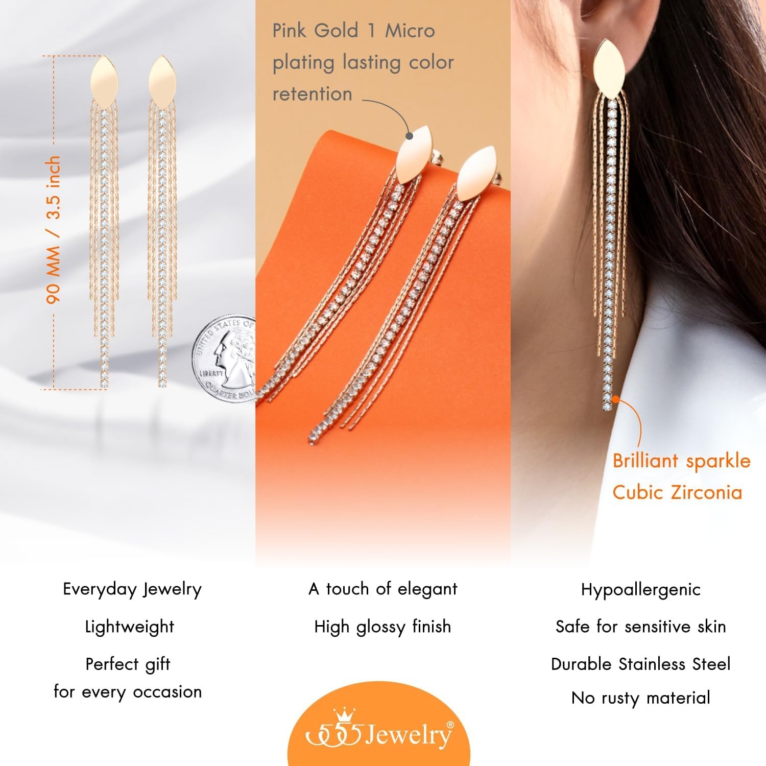 image:image555Jewelry Stainless Steel Long Drop Dangle CZ Tassel Oval Earrings for WomenRose Gold