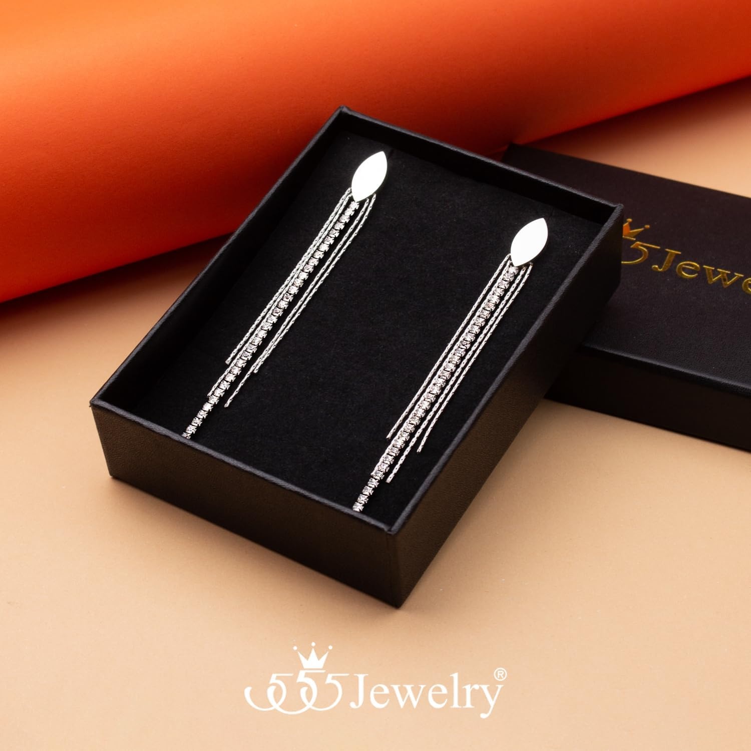 image:image555Jewelry Stainless Steel Long Drop Dangle CZ Tassel Oval Earrings for WomenSilver