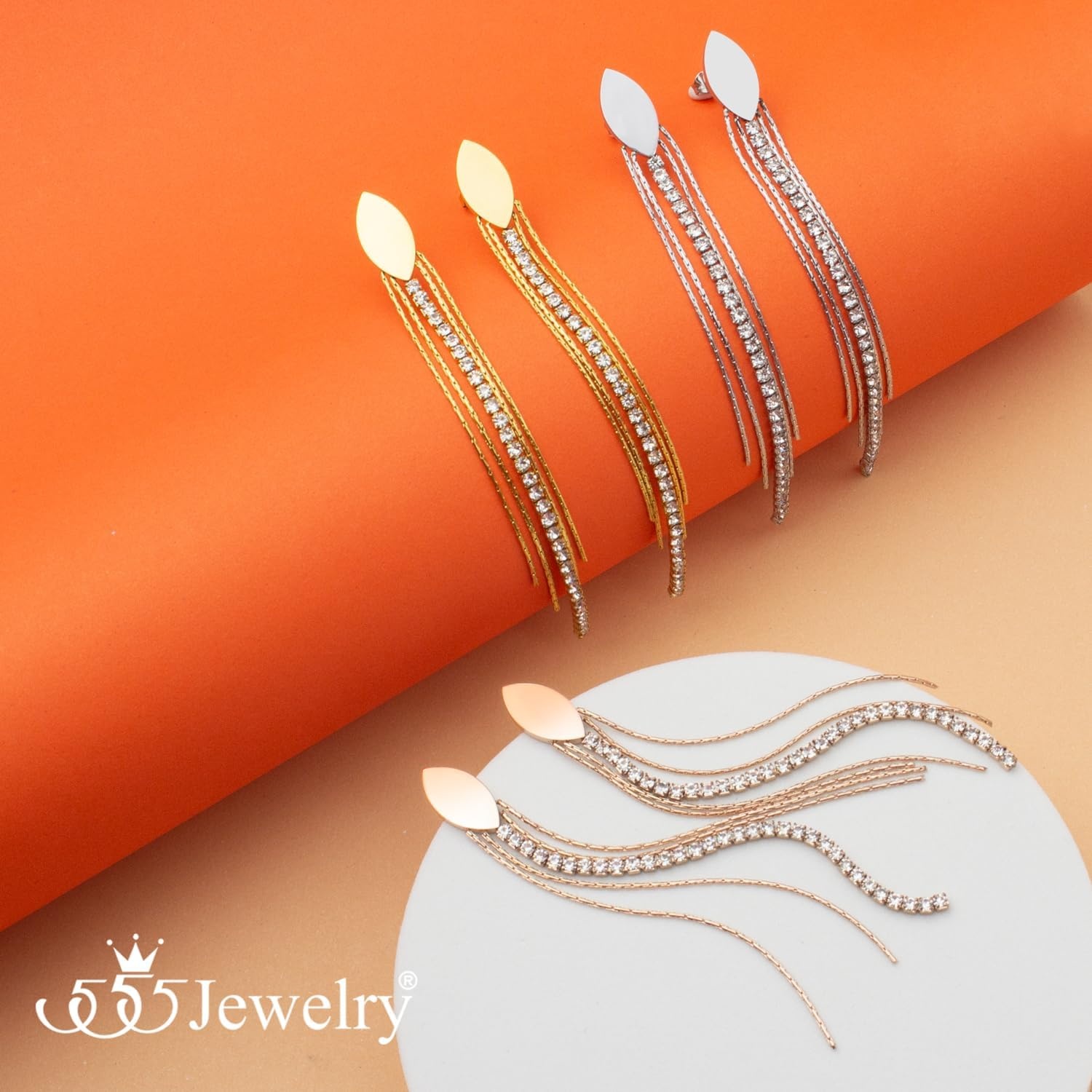 image:image555Jewelry Stainless Steel Long Drop Dangle CZ Tassel Oval Earrings for WomenSilver