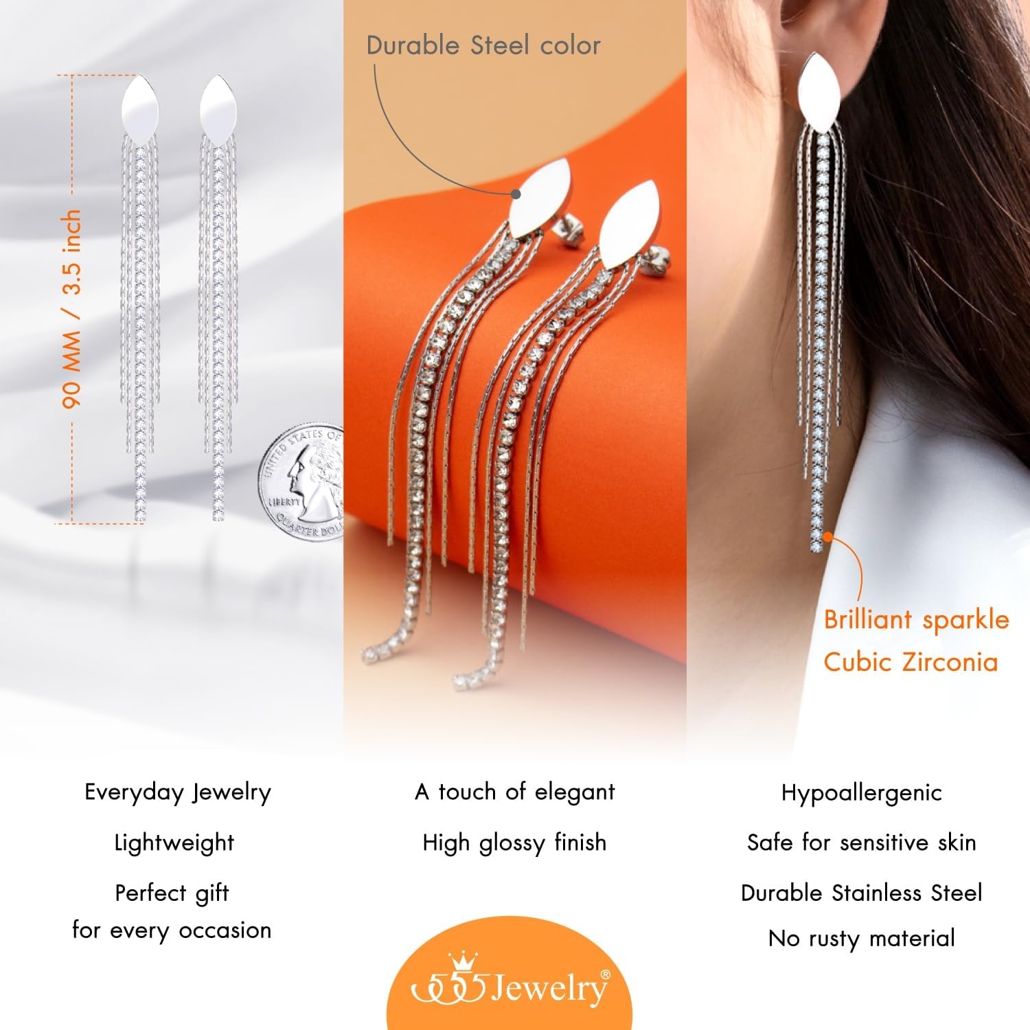 image:image555Jewelry Stainless Steel Long Drop Dangle CZ Tassel Oval Earrings for WomenSilver