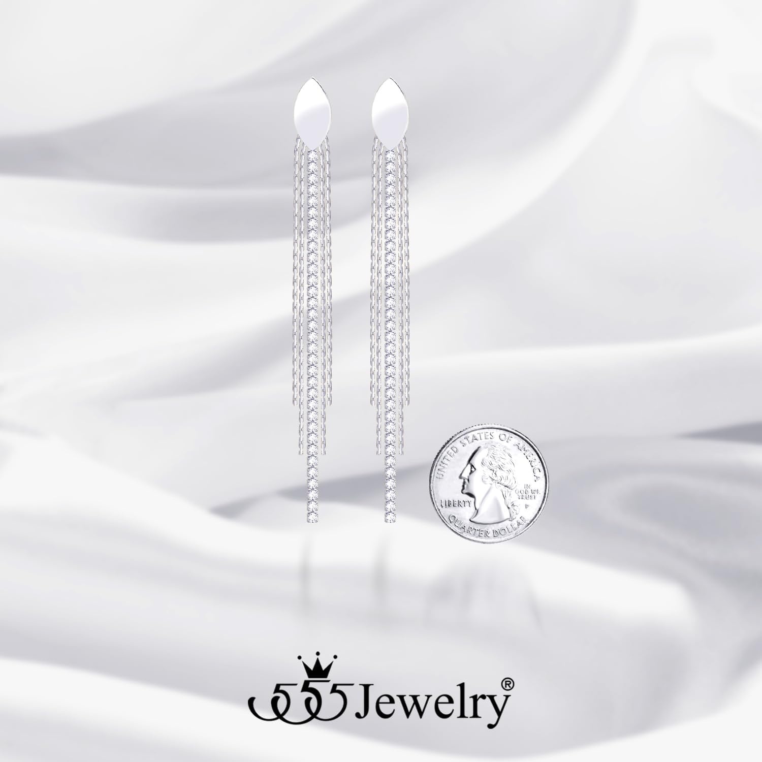 image:image555Jewelry Stainless Steel Long Drop Dangle CZ Tassel Oval Earrings for WomenSilver