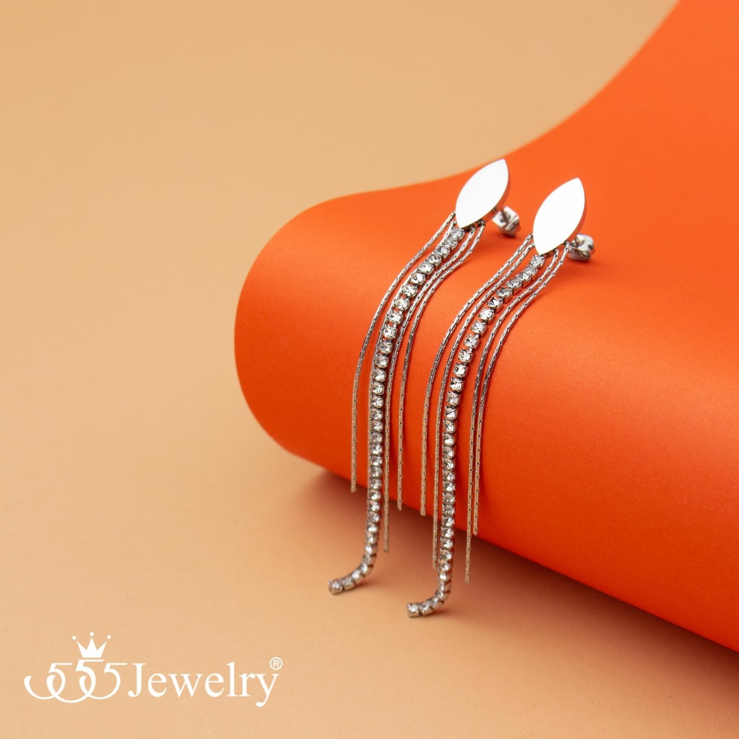 image:image555Jewelry Stainless Steel Long Drop Dangle CZ Tassel Oval Earrings for WomenSilver