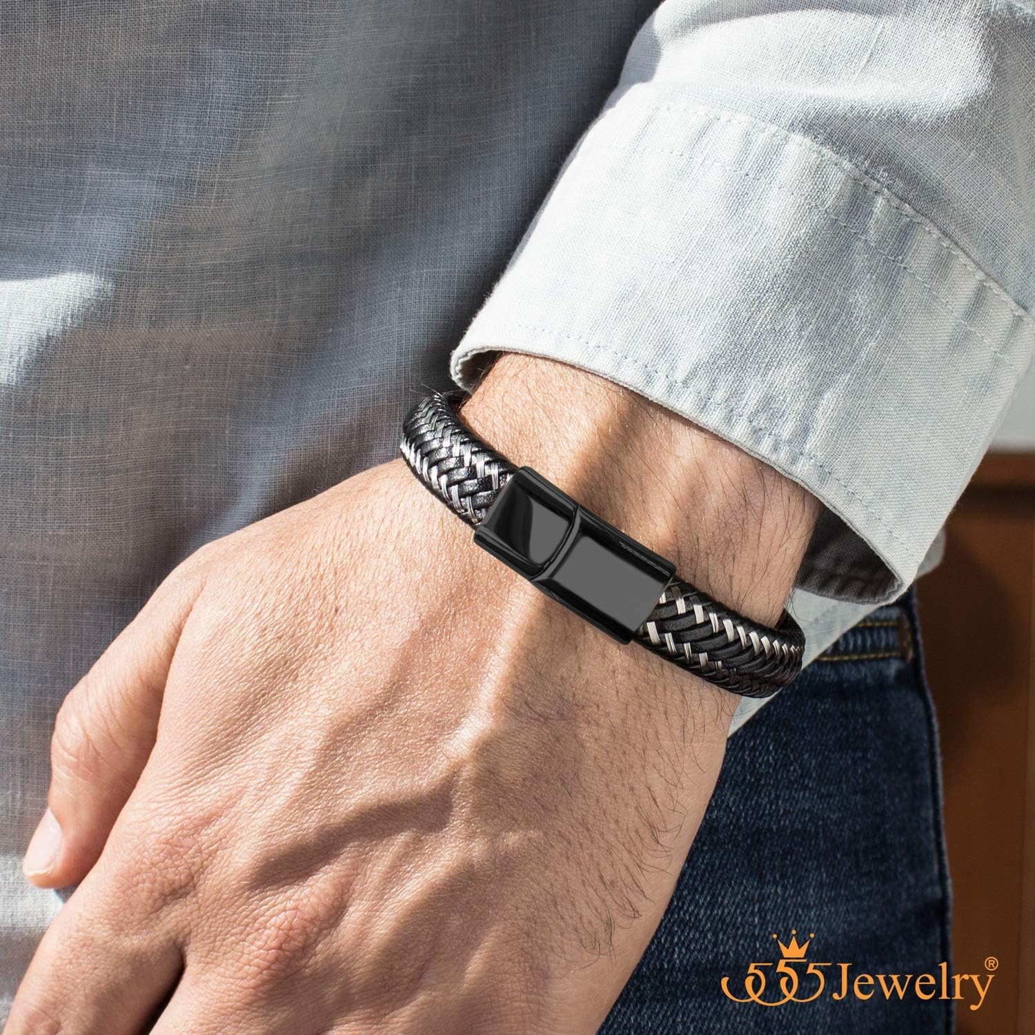 image:image555Jewelry Stainless Steel Magnetic Clasp Braided Silver amp Black Leather Bracelet for MenBlack
