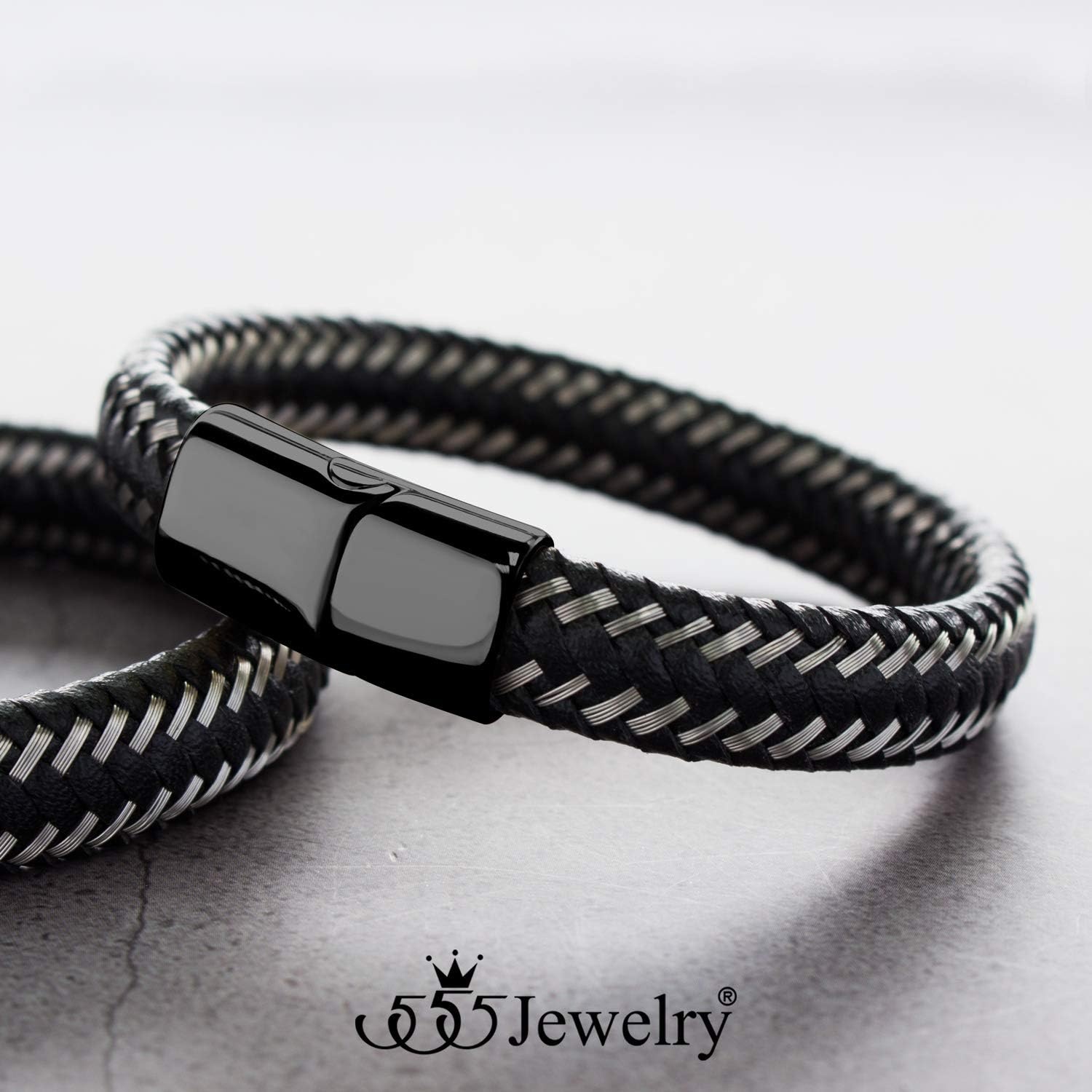 image:image555Jewelry Stainless Steel Magnetic Clasp Braided Silver amp Black Leather Bracelet for MenBlack