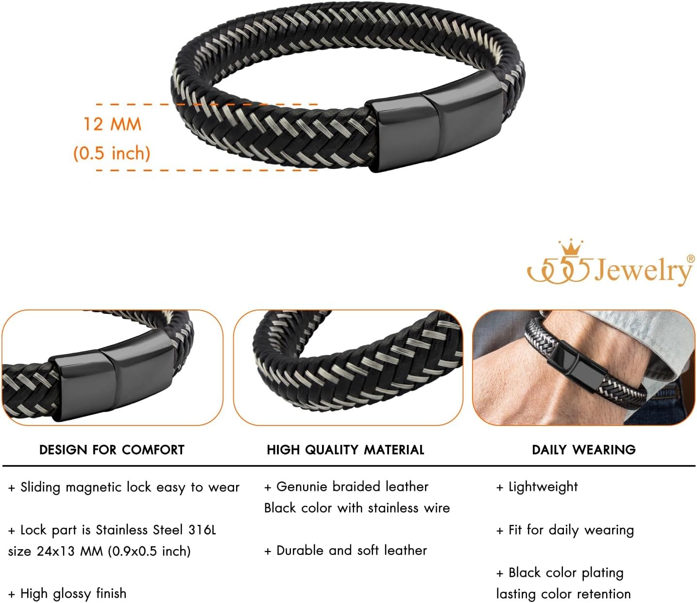 image:image555Jewelry Stainless Steel Magnetic Clasp Braided Silver amp Black Leather Bracelet for MenBlack