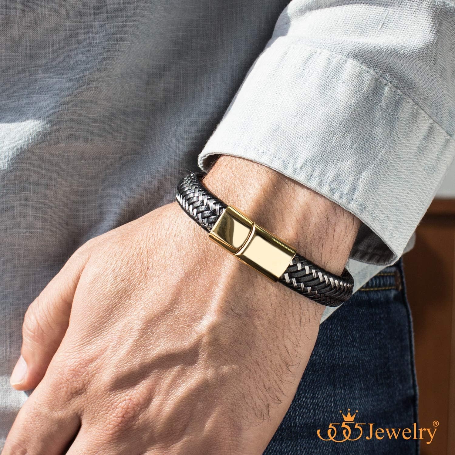 image:image555Jewelry Stainless Steel Magnetic Clasp Braided Silver amp Black Leather Bracelet for MenGold