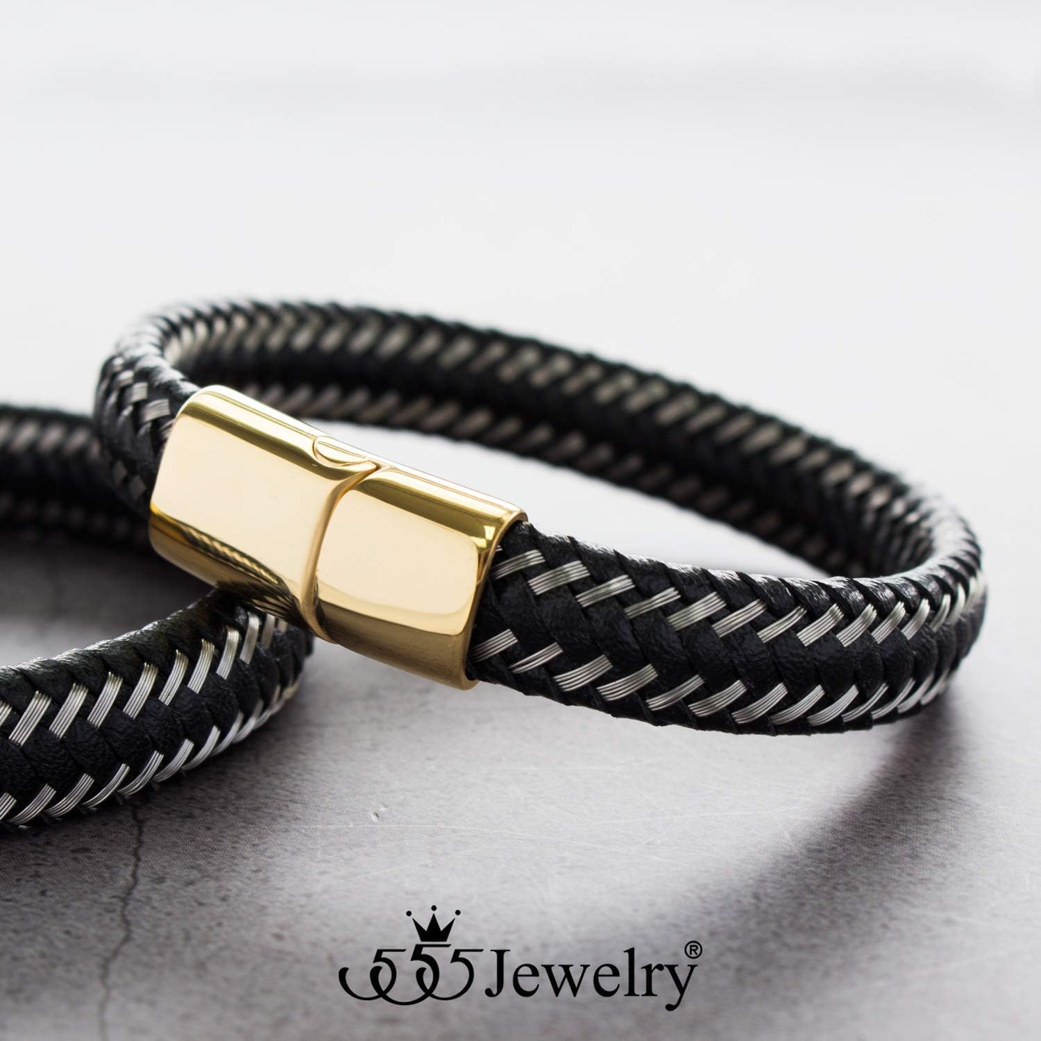 image:image555Jewelry Stainless Steel Magnetic Clasp Braided Silver amp Black Leather Bracelet for MenGold