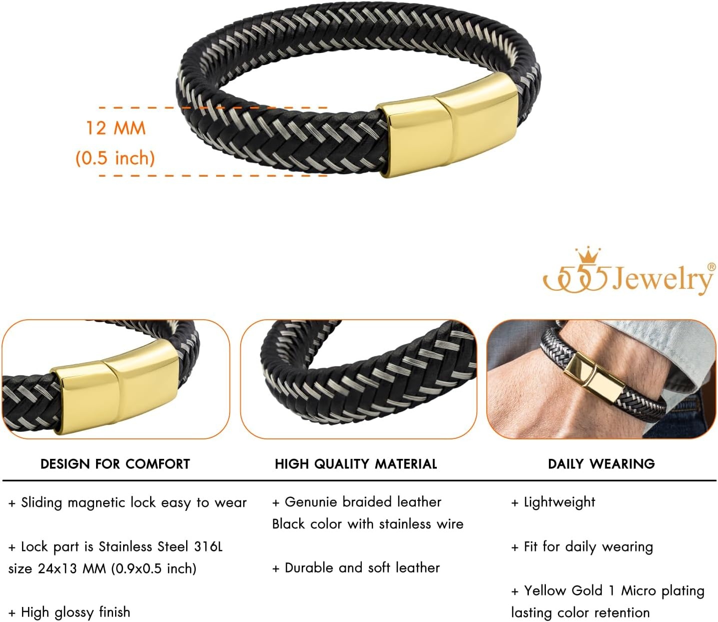 image:image555Jewelry Stainless Steel Magnetic Clasp Braided Silver amp Black Leather Bracelet for MenGold