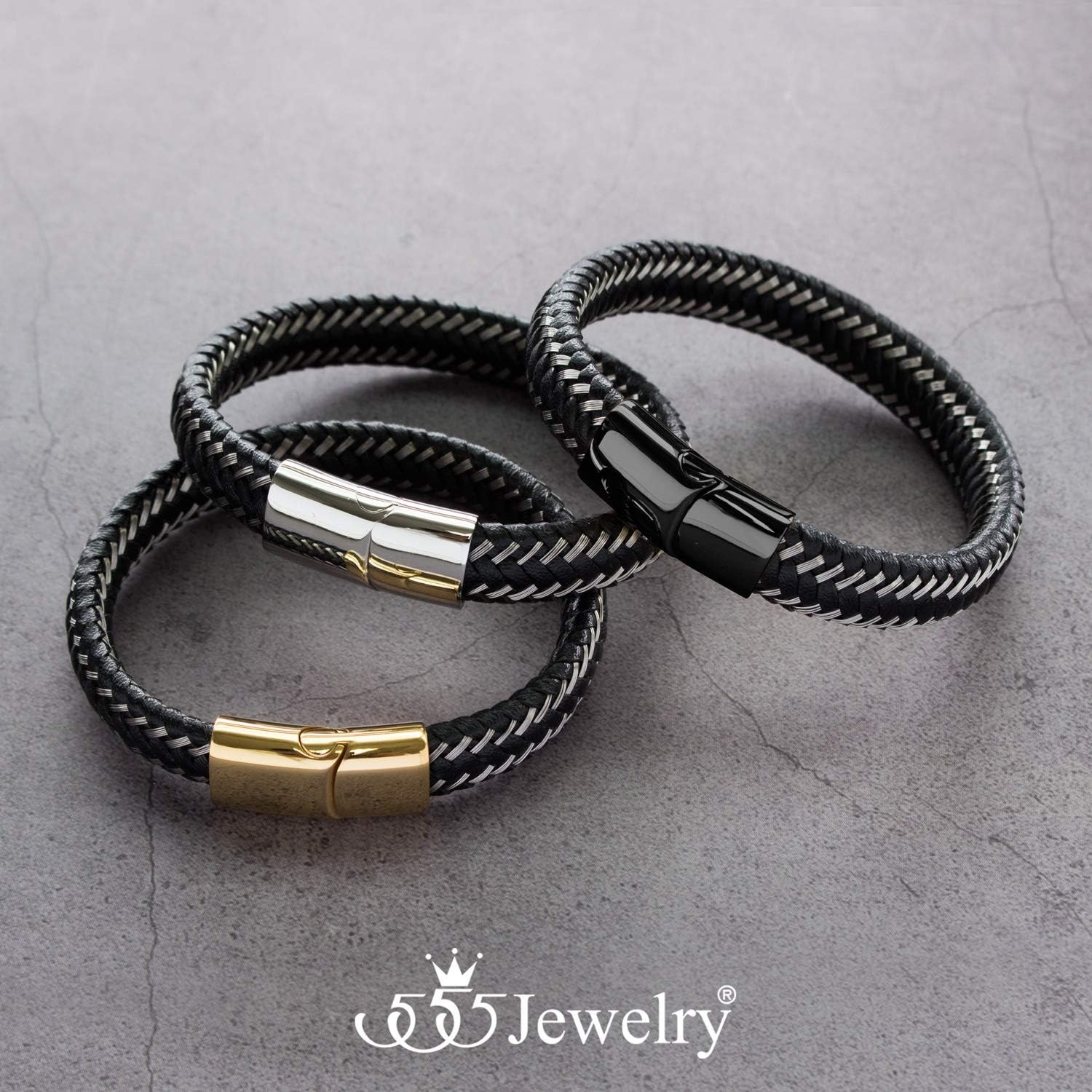 image:image555Jewelry Stainless Steel Magnetic Clasp Braided Silver amp Black Leather Bracelet for MenGold