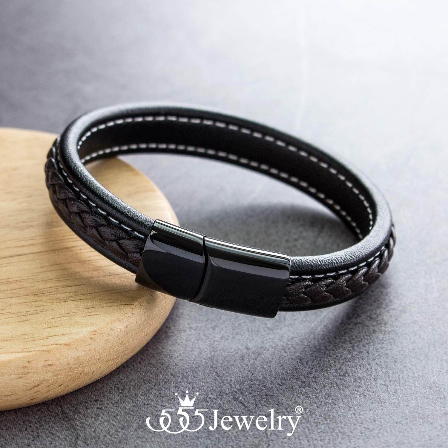 image:image555Jewelry Stainless Steel Magnetic Clasp Braided amp Stitched Black Leather Bracelet for MenBlack