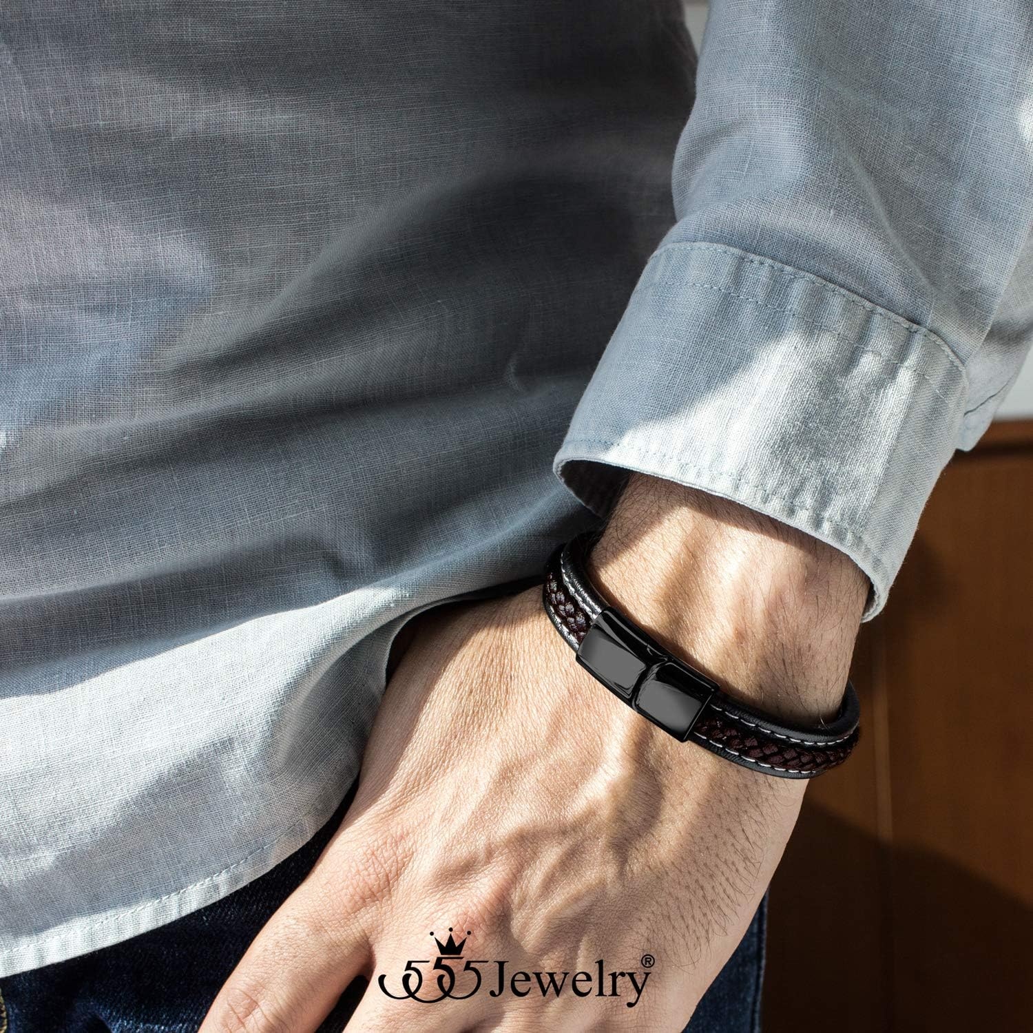 image:image555Jewelry Stainless Steel Magnetic Clasp Braided amp Stitched Black Leather Bracelet for MenBlack