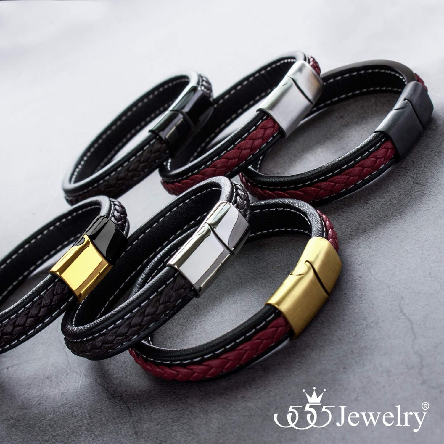 image:image555Jewelry Stainless Steel Magnetic Clasp Braided amp Stitched Black Leather Bracelet for MenBlack