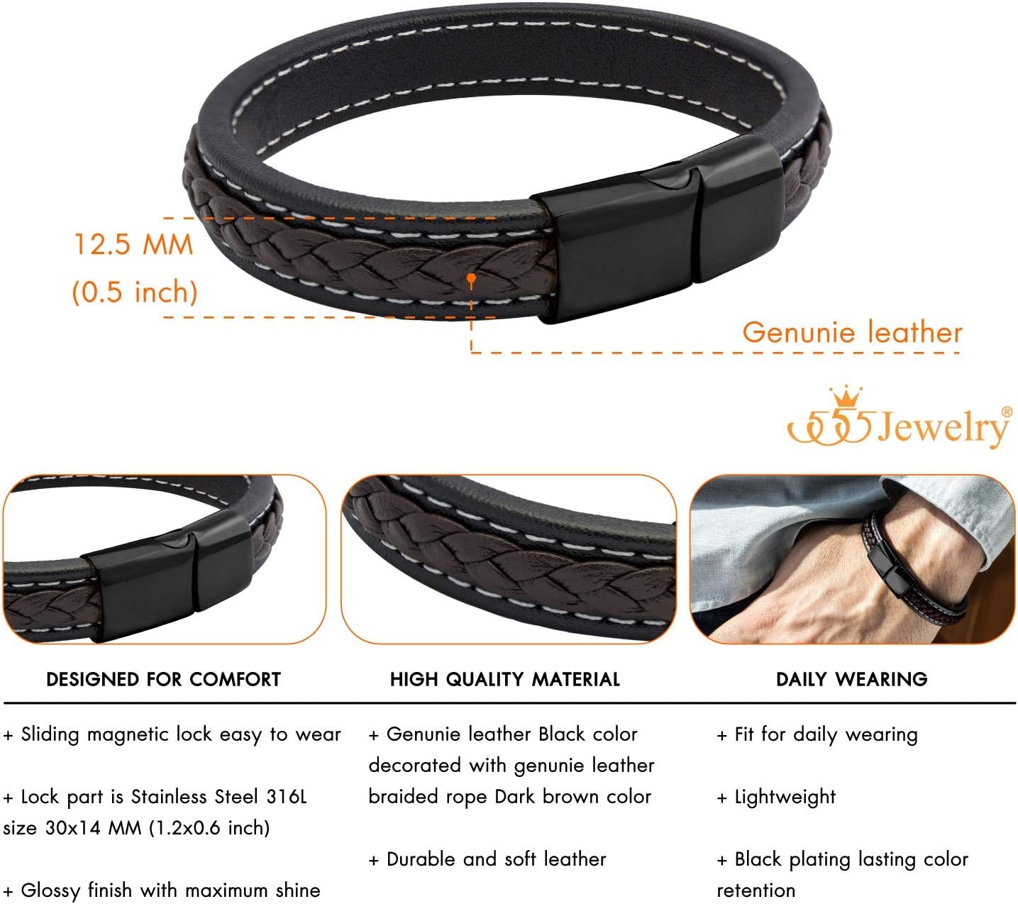image:image555Jewelry Stainless Steel Magnetic Clasp Braided amp Stitched Black Leather Bracelet for MenBlack