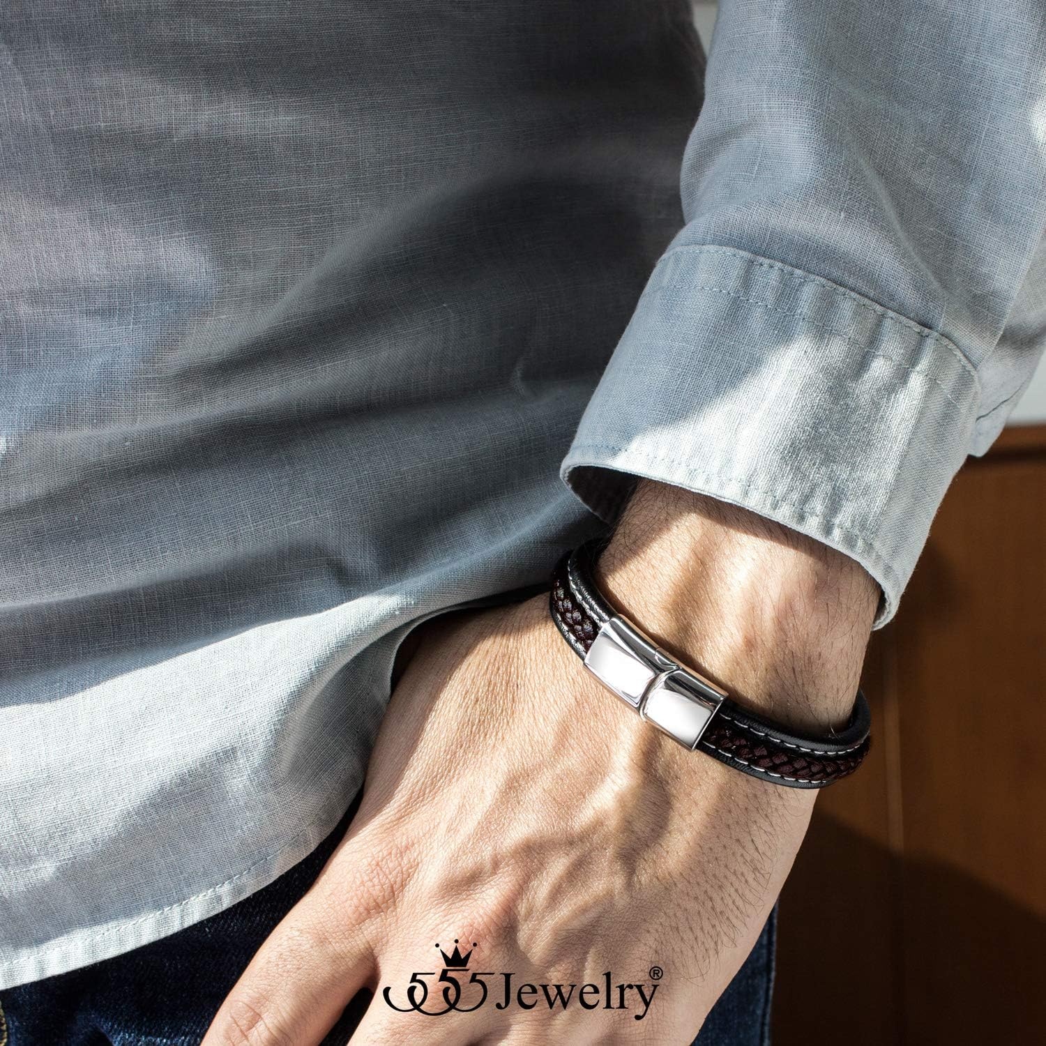 image:image555Jewelry Stainless Steel Magnetic Clasp Braided amp Stitched Black Leather Bracelet for MenSilver