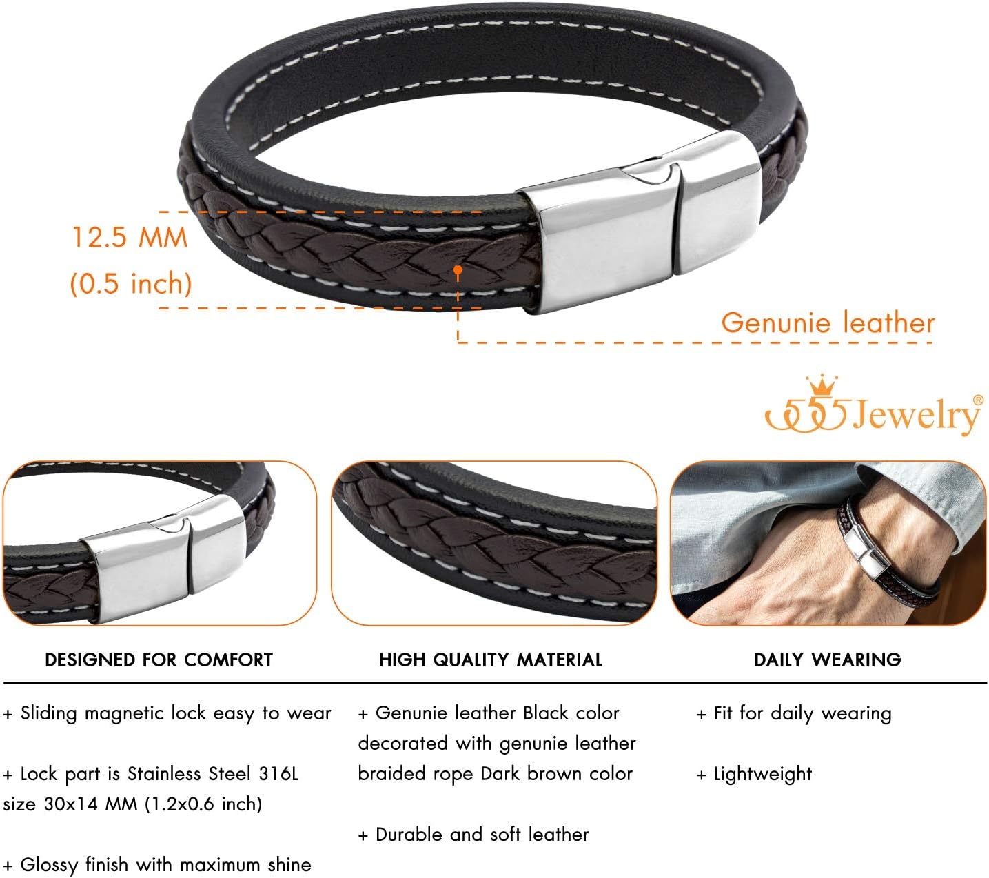 image:image555Jewelry Stainless Steel Magnetic Clasp Braided amp Stitched Black Leather Bracelet for MenSilver