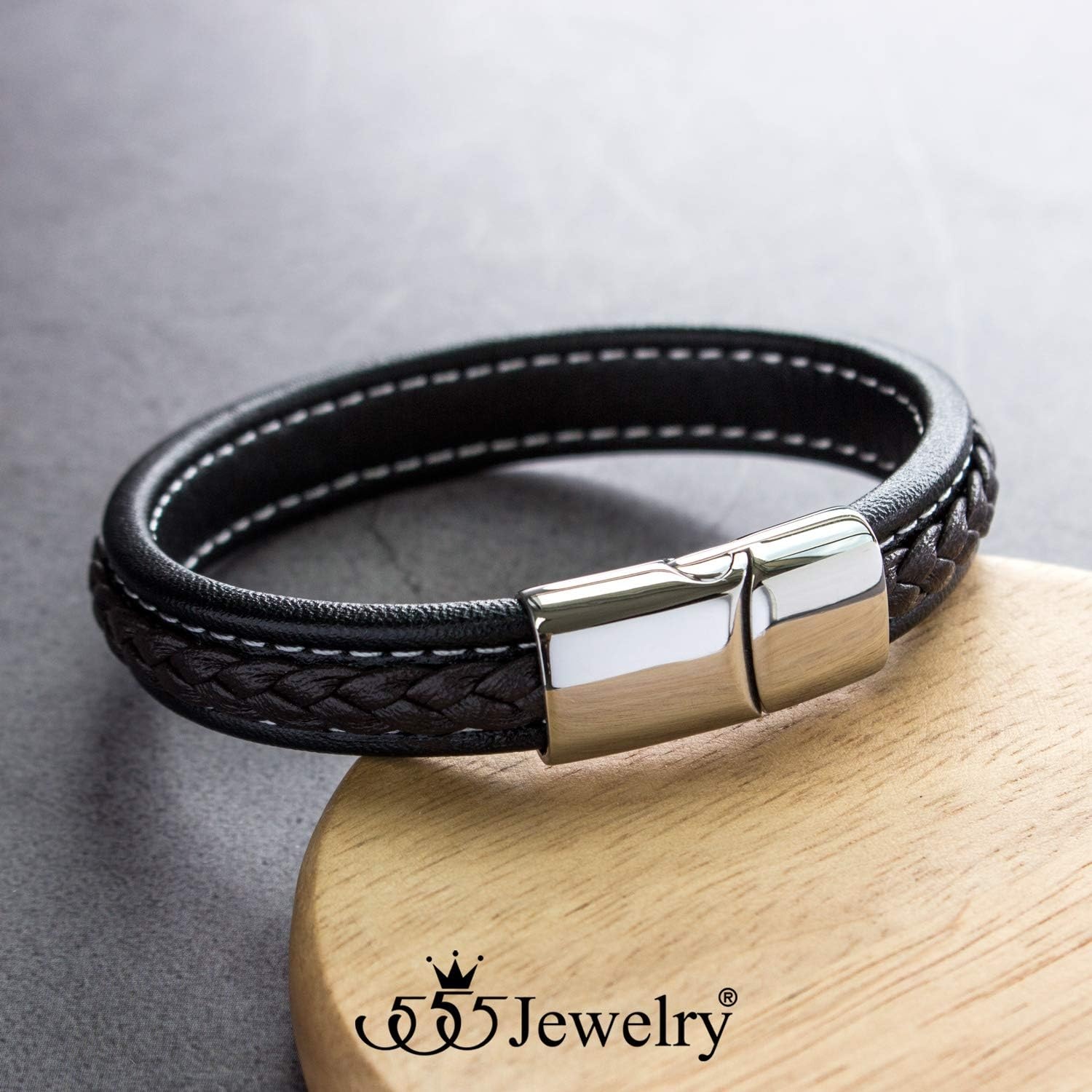 image:image555Jewelry Stainless Steel Magnetic Clasp Braided amp Stitched Black Leather Bracelet for MenSilver