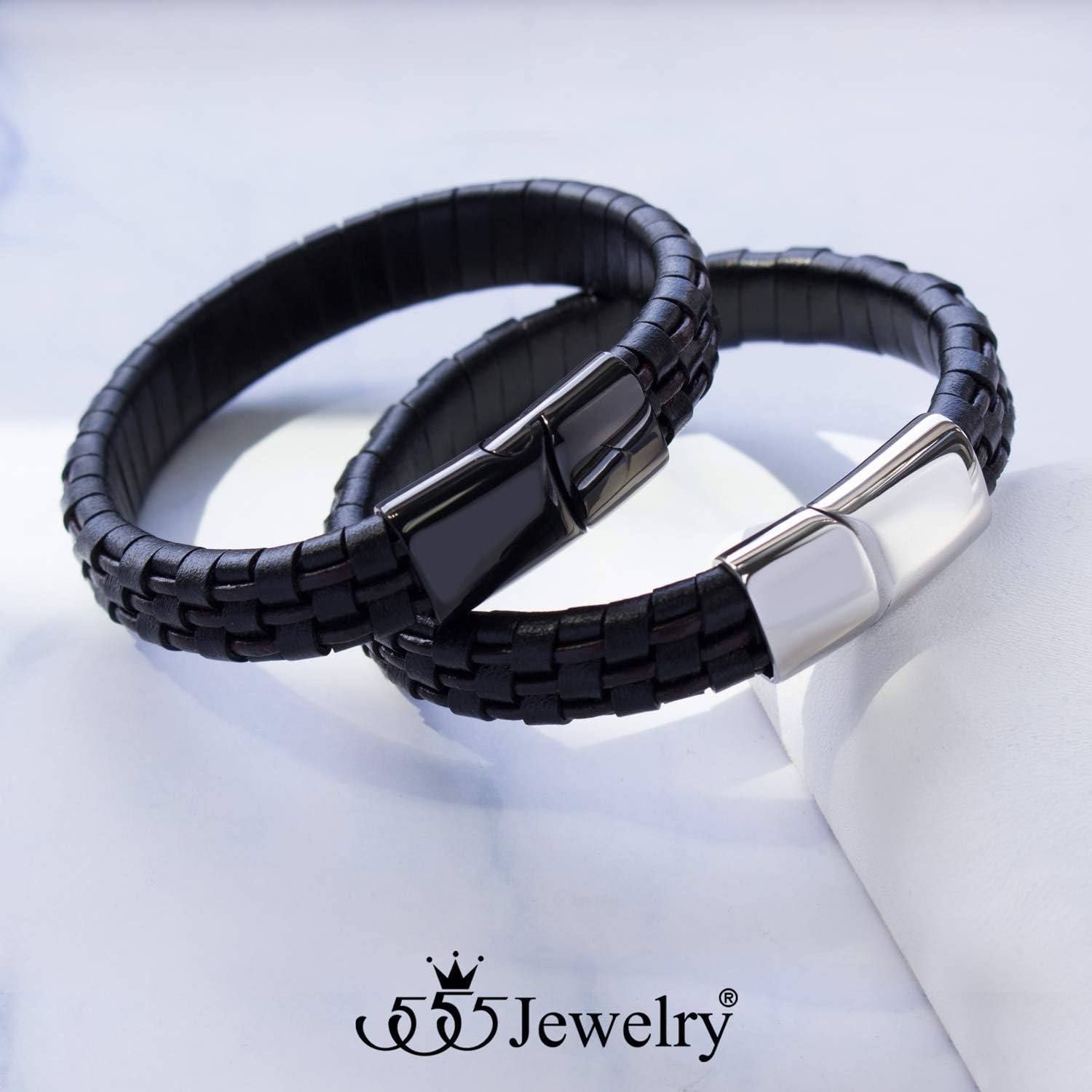 image:image555Jewelry Stainless Steel Magnetic Clasp Woven Brown amp Black Leather Bracelet for MenBlack