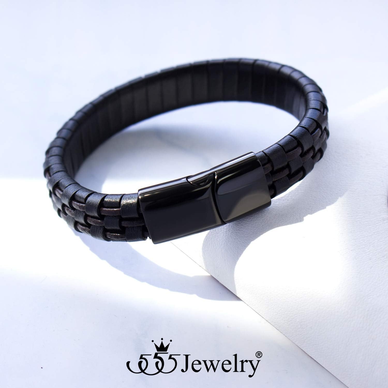 image:image555Jewelry Stainless Steel Magnetic Clasp Woven Brown amp Black Leather Bracelet for MenBlack