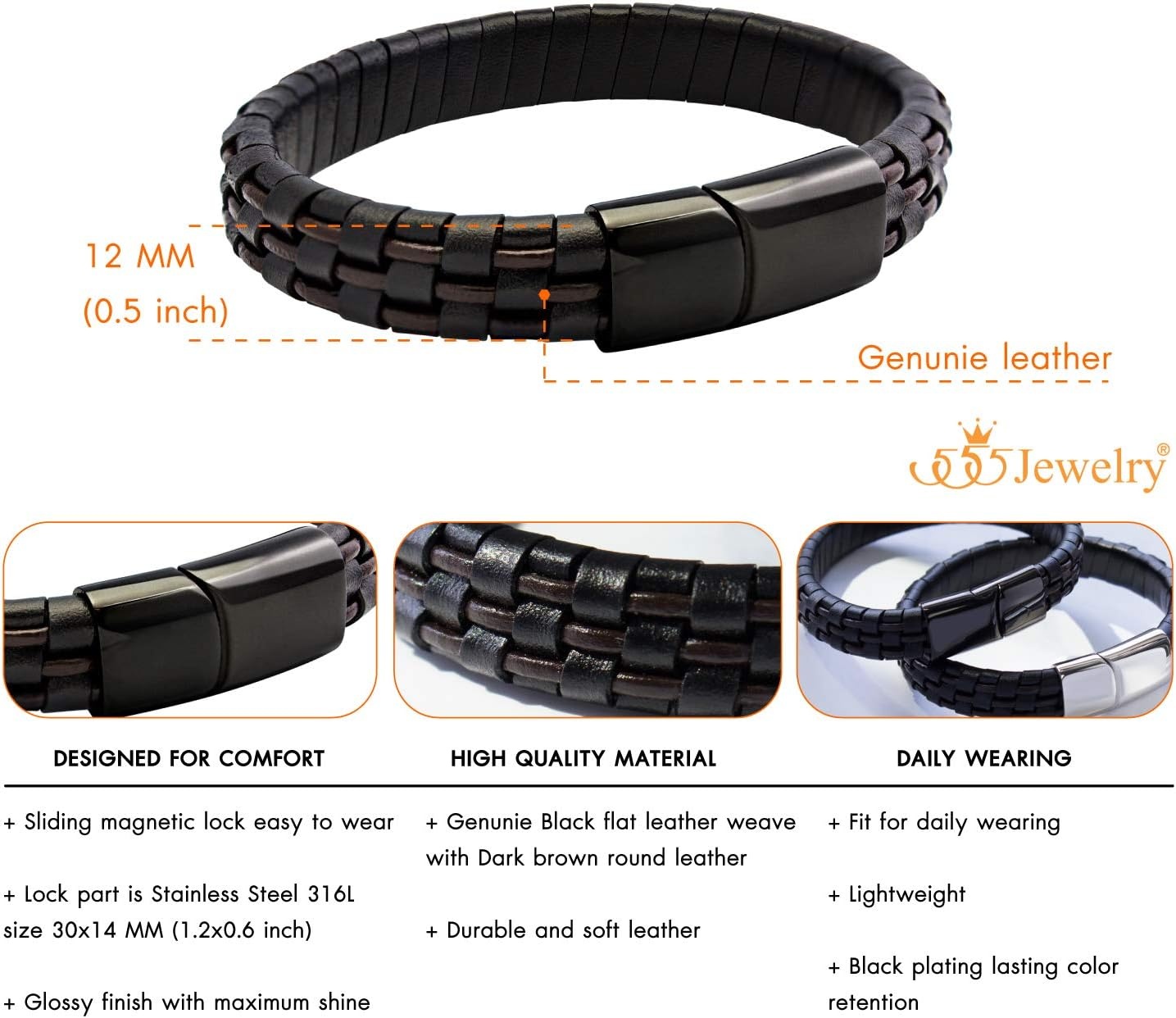 image:image555Jewelry Stainless Steel Magnetic Clasp Woven Brown amp Black Leather Bracelet for MenBlack