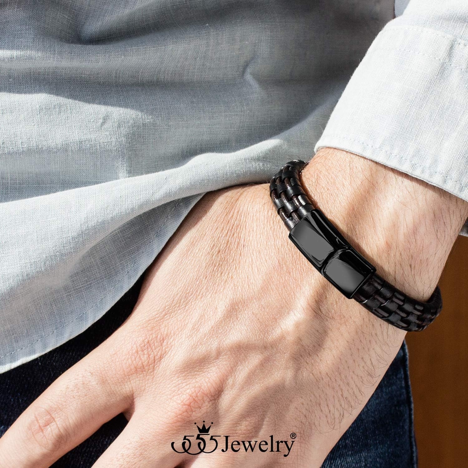 image:image555Jewelry Stainless Steel Magnetic Clasp Woven Brown amp Black Leather Bracelet for MenBlack