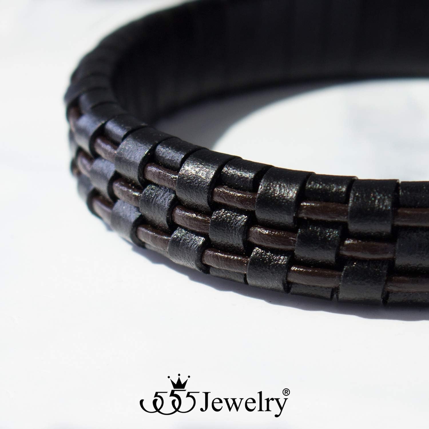 image:image555Jewelry Stainless Steel Magnetic Clasp Woven Brown amp Black Leather Bracelet for MenBlack