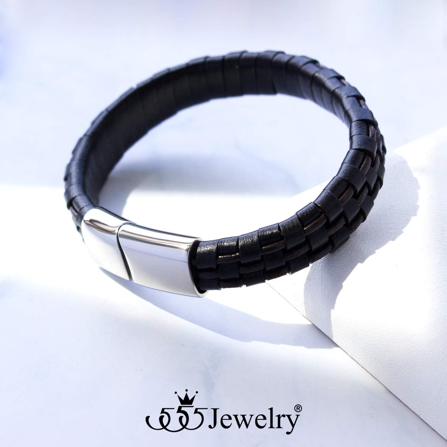 image:image555Jewelry Stainless Steel Magnetic Clasp Woven Brown amp Black Leather Bracelet for MenSilver