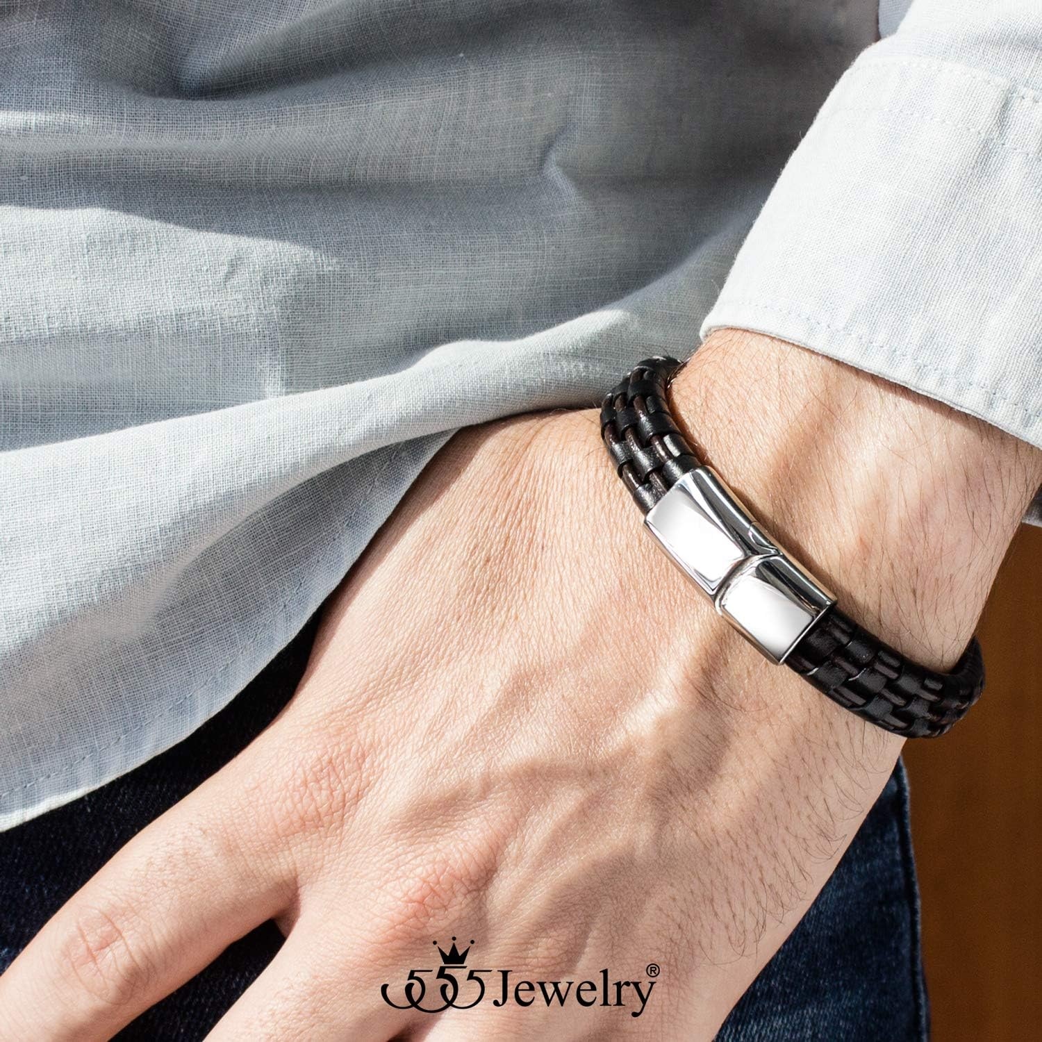 image:image555Jewelry Stainless Steel Magnetic Clasp Woven Brown amp Black Leather Bracelet for MenSilver