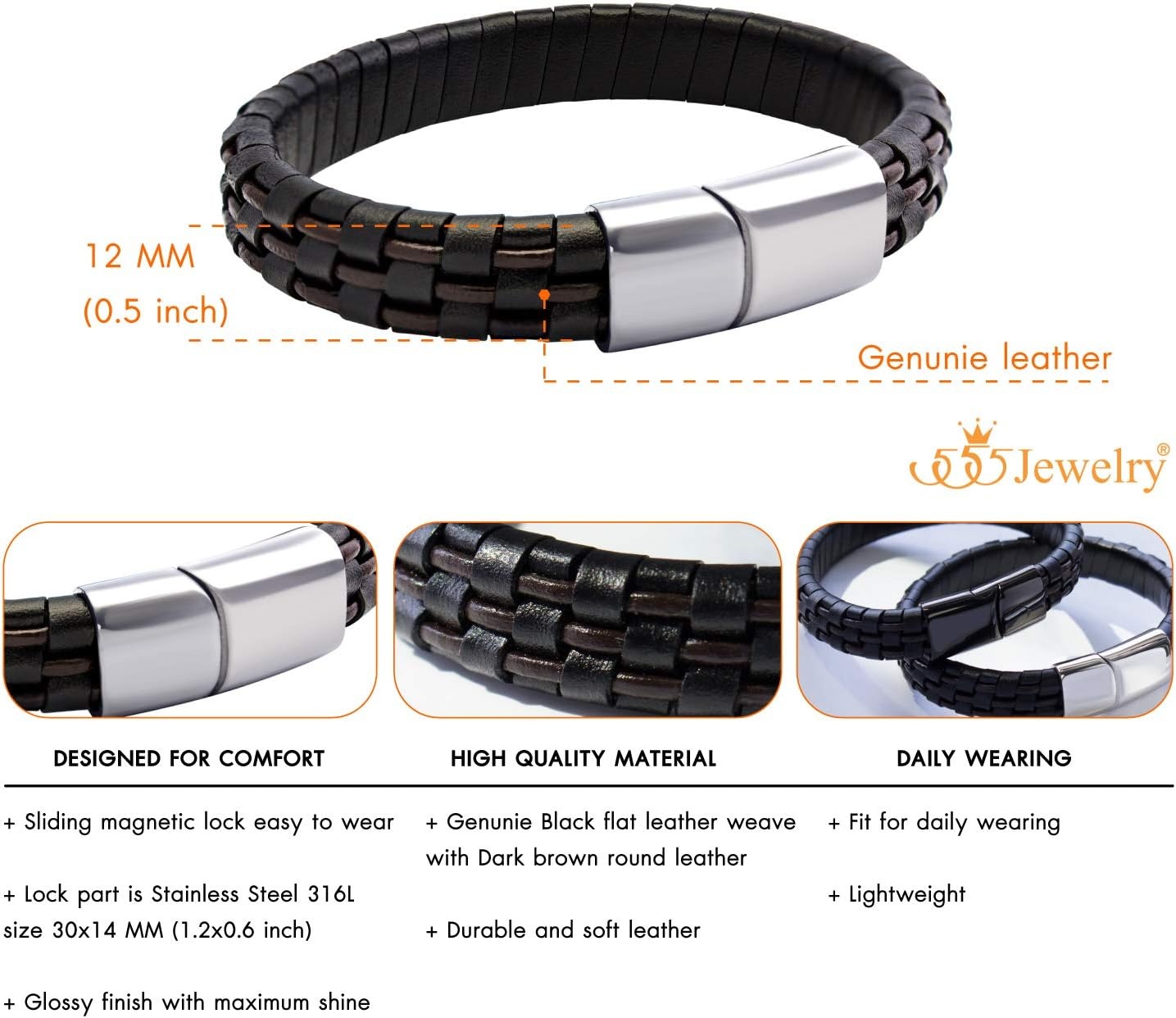 image:image555Jewelry Stainless Steel Magnetic Clasp Woven Brown amp Black Leather Bracelet for MenSilver
