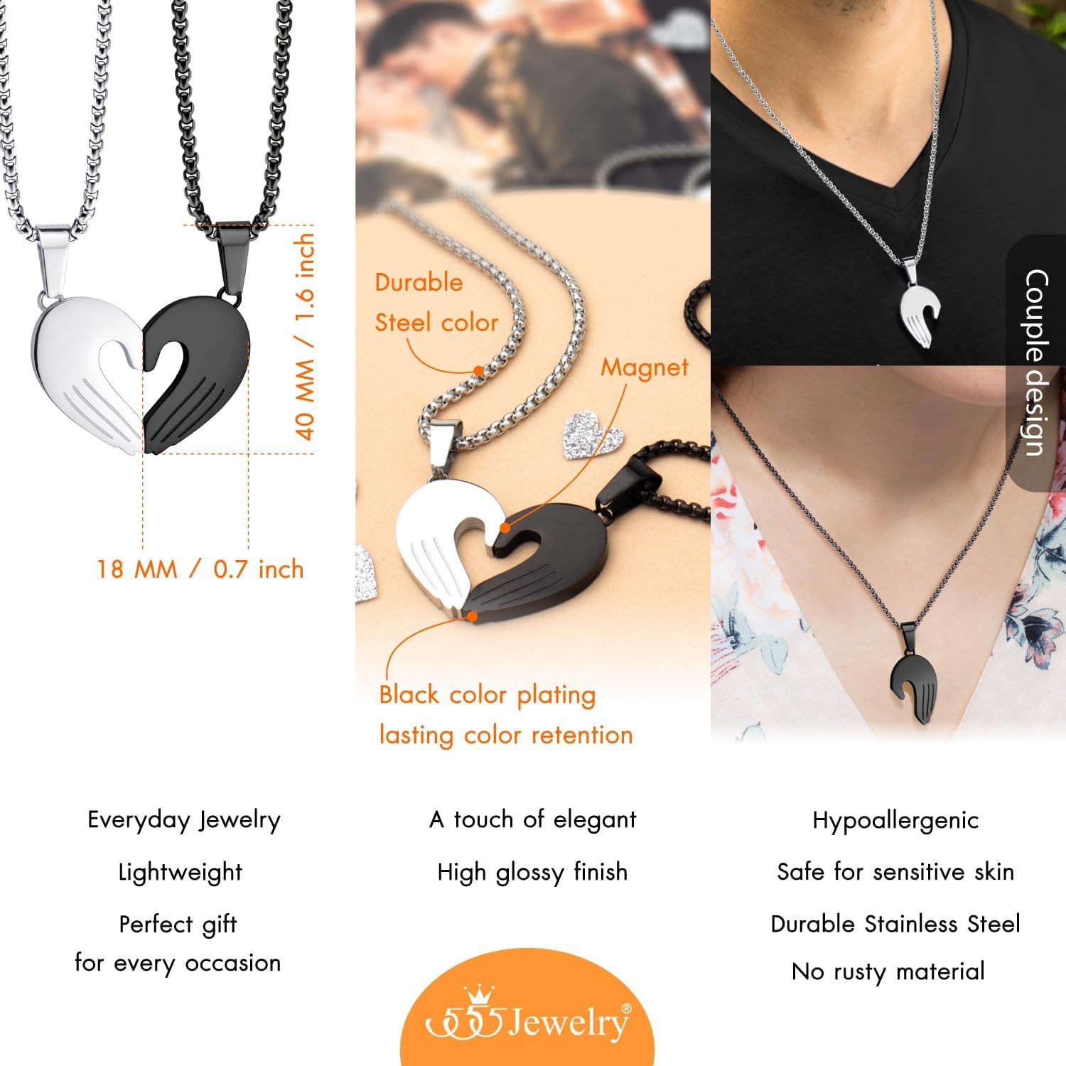 image:image555Jewelry Stainless Steel Magnetic Couples Heart Necklace for Men amp WomenSilver Black