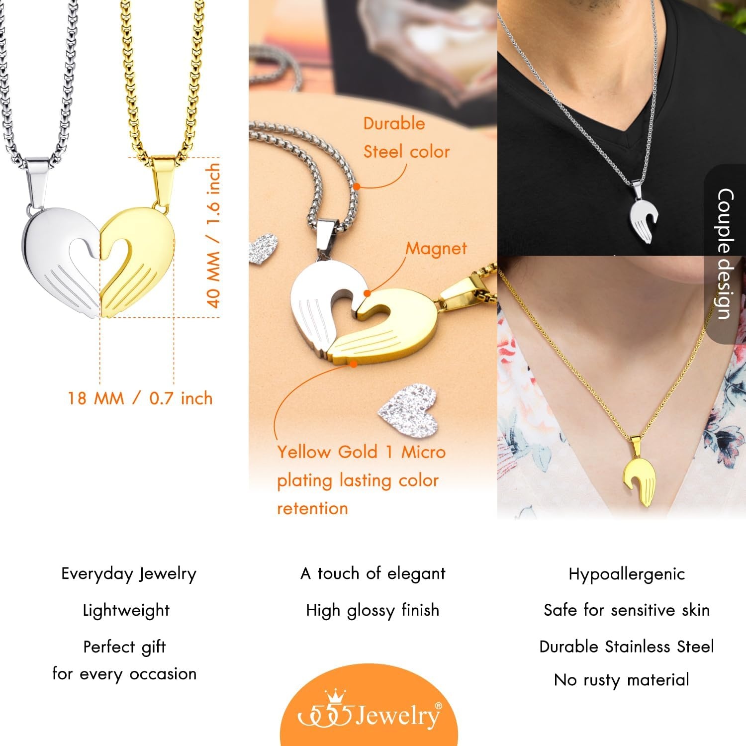image:image555Jewelry Stainless Steel Magnetic Couples Heart Necklace for Men amp WomenSilver Gold