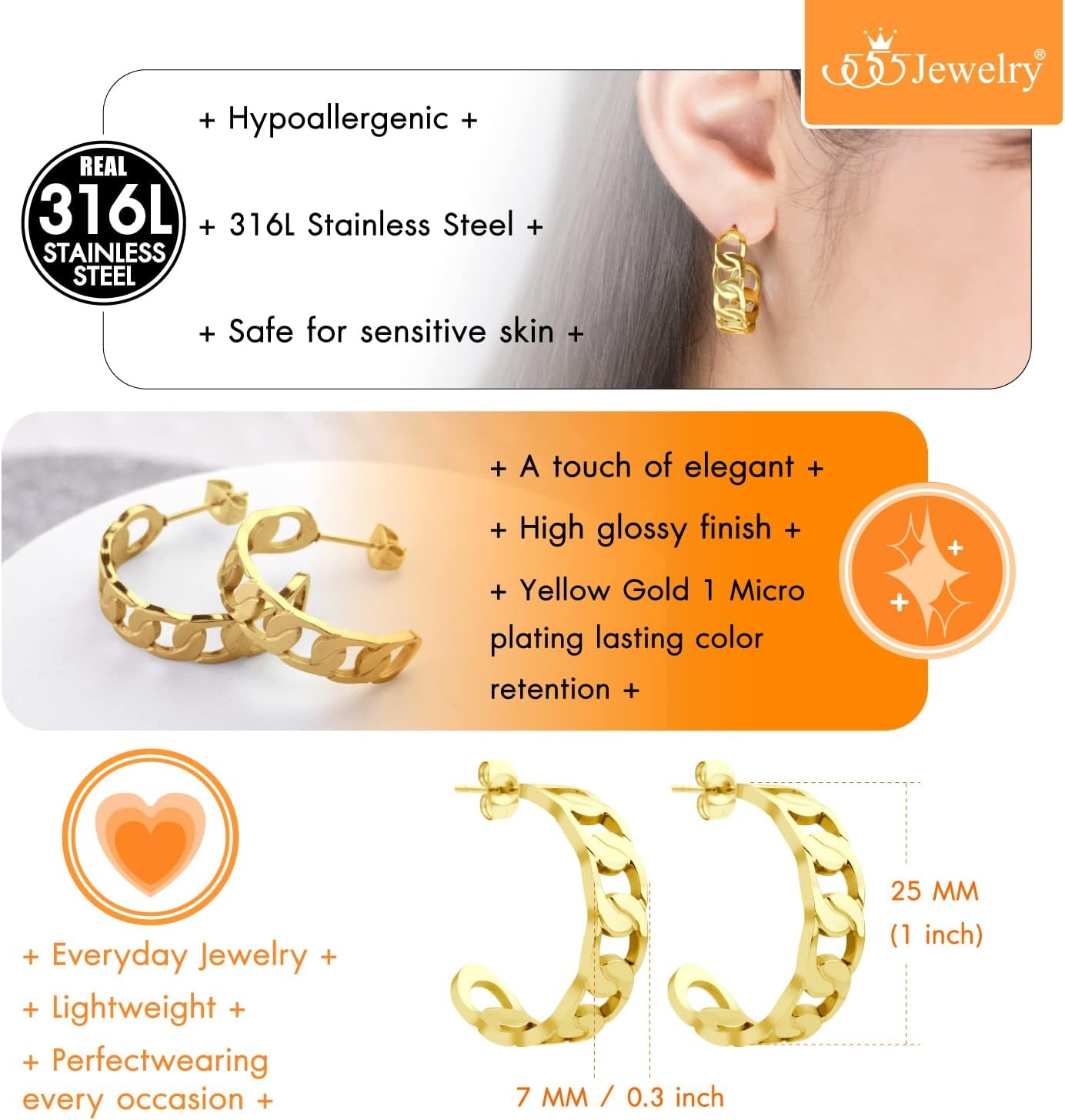 image:image555Jewelry Stainless Steel Medium Curb Link Open Hoop Earrings for Women amp LadiesGold