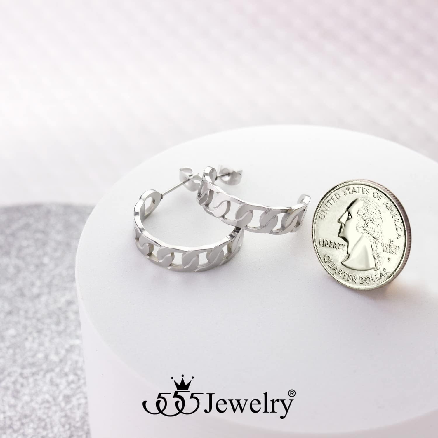 image:image555Jewelry Stainless Steel Medium Curb Link Open Hoop Earrings for Women amp LadiesSilver
