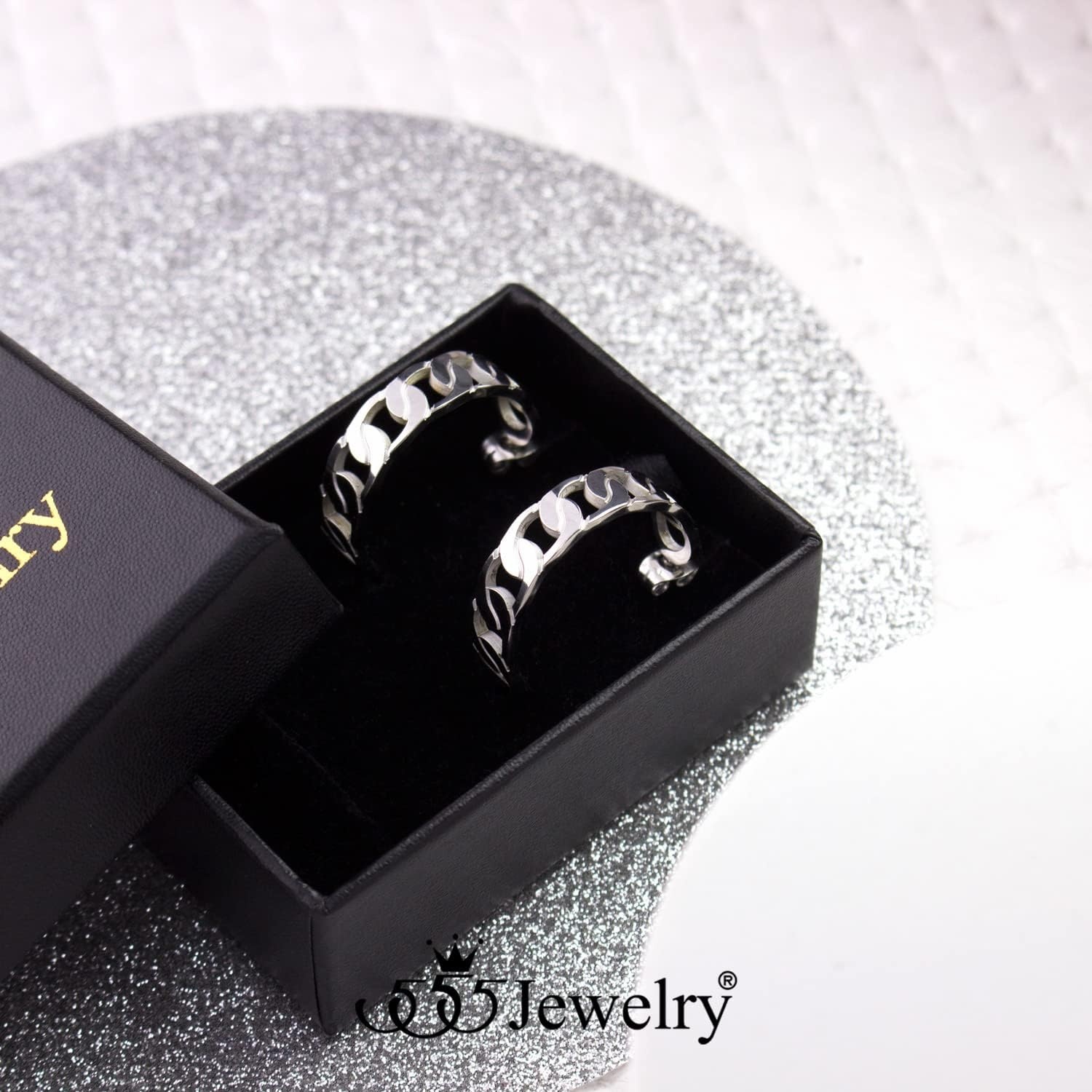 image:image555Jewelry Stainless Steel Medium Curb Link Open Hoop Earrings for Women amp LadiesSilver