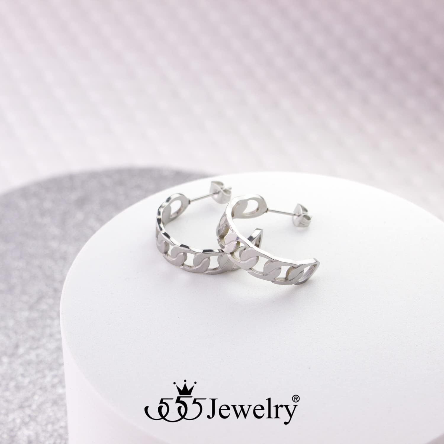image:image555Jewelry Stainless Steel Medium Curb Link Open Hoop Earrings for Women amp LadiesSilver